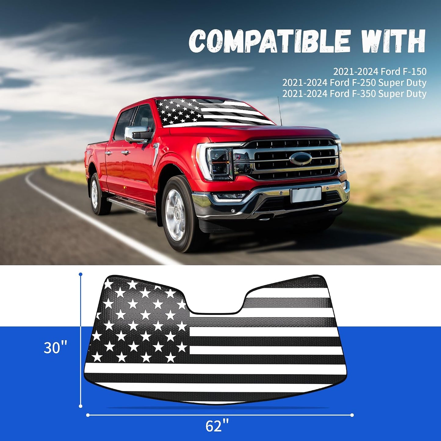 LITIVY Windshield Sun Shade Compatible with 2021 2022 2023 2024 Ford F150 F250 F350 30"x62" for F-150 Folding Front Window Sunshade Shield Protector (30"x62"(Fit 2021-2024))