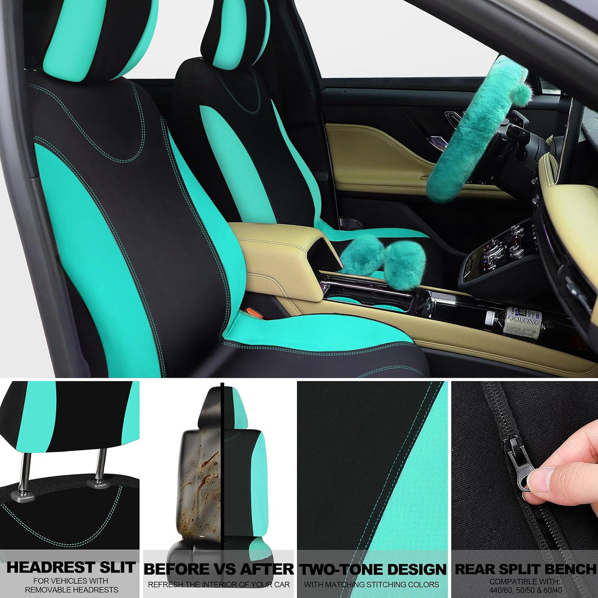 Woanger 47 Car Seat Cover Full Set Car Accessories for Women, Mint Green