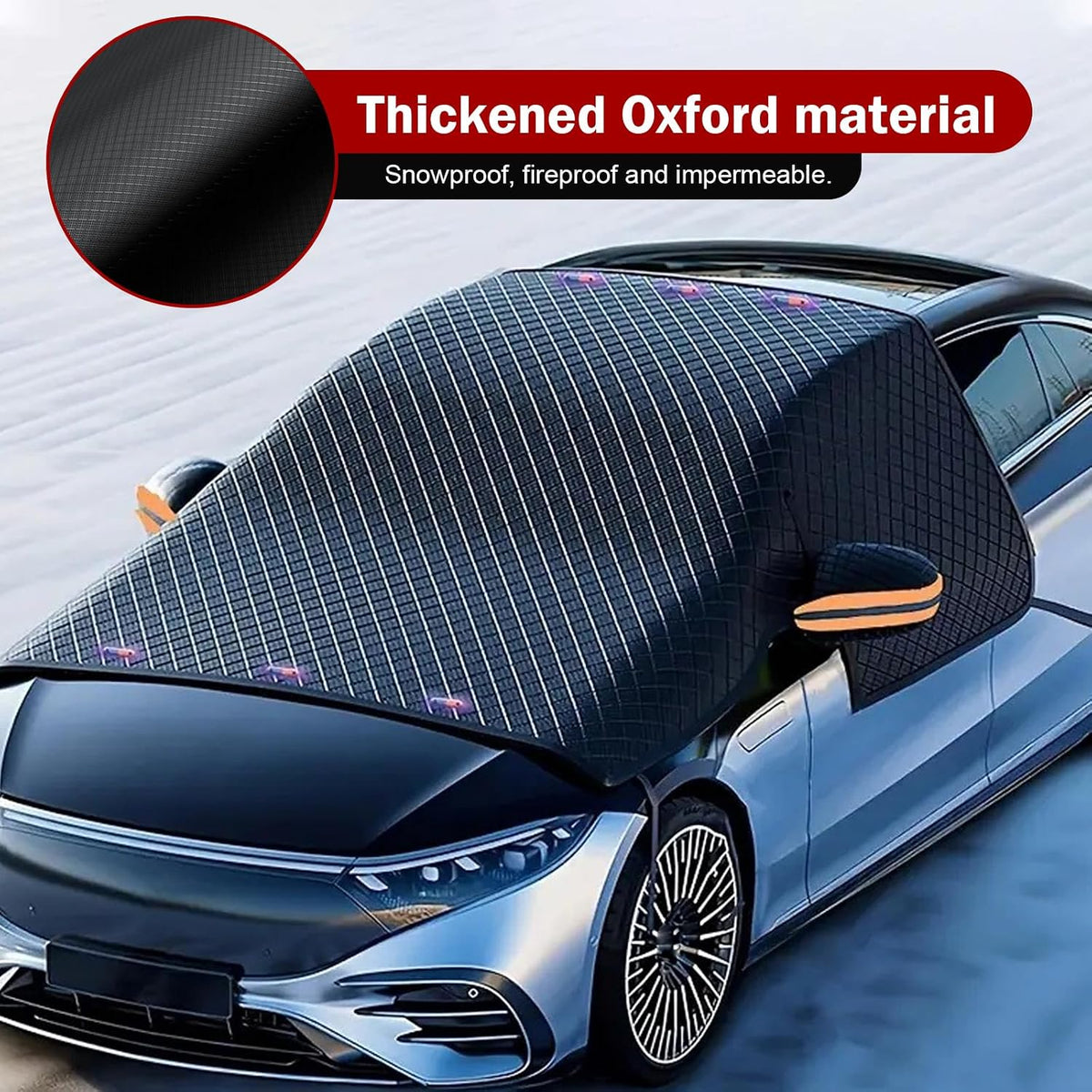 Windshield Snow Protector, Reflective Strips Heat Insulation Windshield Sun Shade Visor, All-Season Auto Front Glass Sun & Frost Shield, Universal for Most Cars (Black)