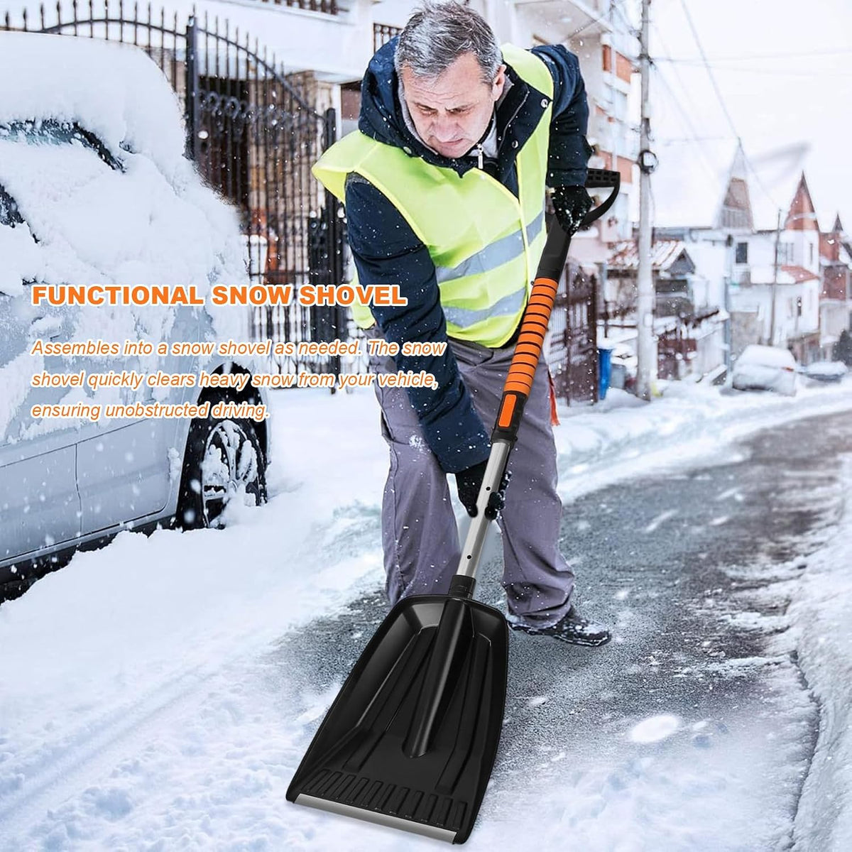 Ice Scraper and Snow Brush for Car, 5-in-1 Extendable Snow Removal Tool with Ergonomic Foam Grip, Detachable 180° Pivoting Brush Ice Shovel for Car Truck SUV Windshield