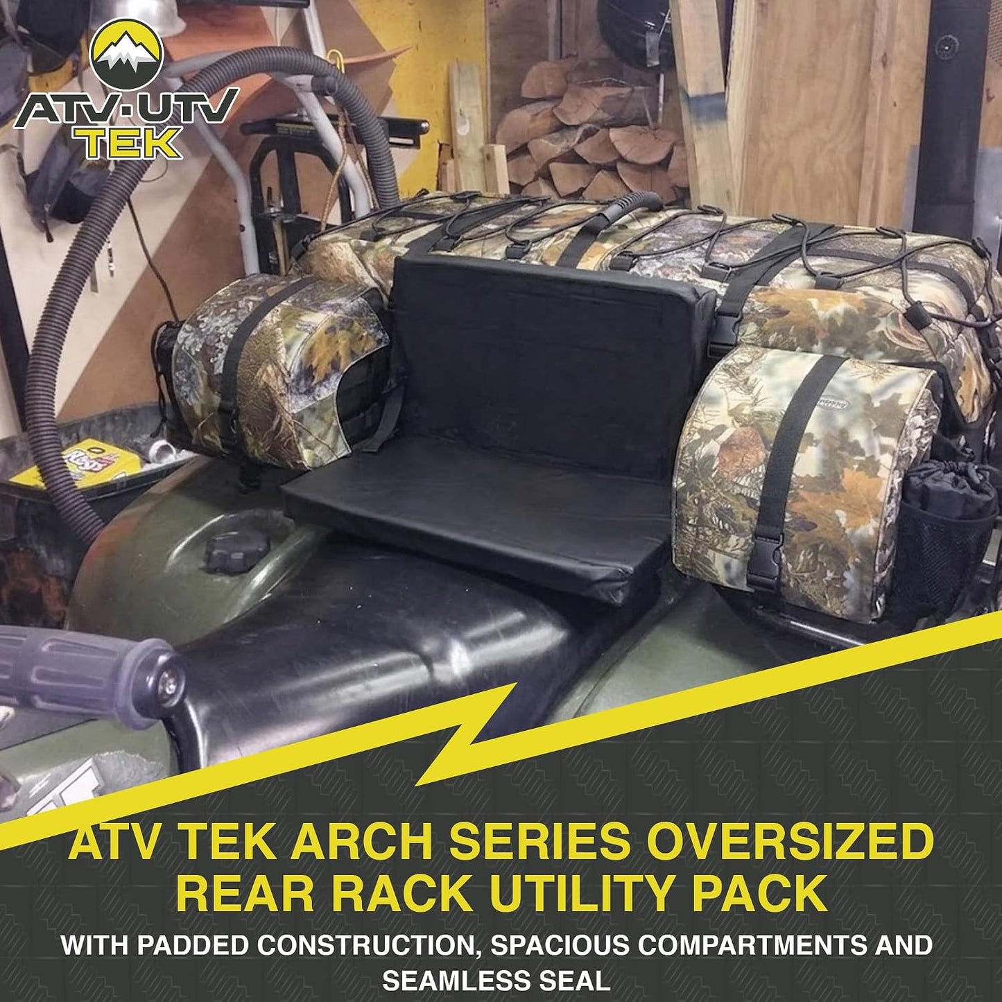 ATV TEK Arch Series Oversized Rear Rack Utility Pack, Padded ATV Cargo Bag in Kings Mountain Shadow Camo, Spacious Multi-Compartment ATV Storage Bag with Seamless Seal for Gear and Trail Essentials.