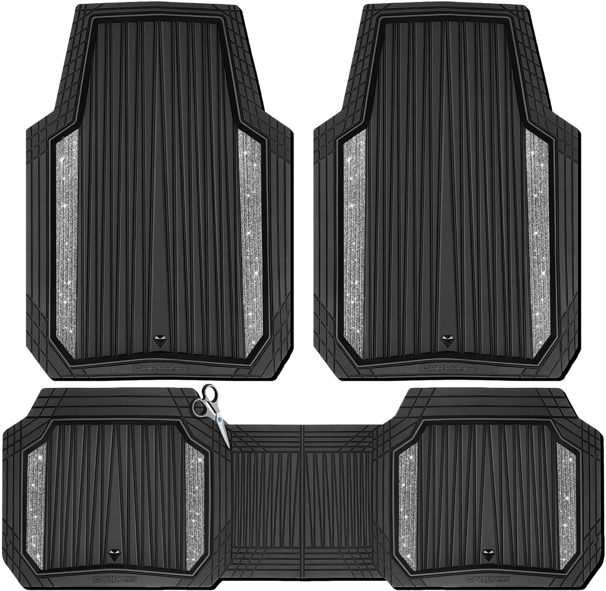 CAR PASS Bling Glitter Car Floor Mats Heavy Rubber Water Proof,Black Silver