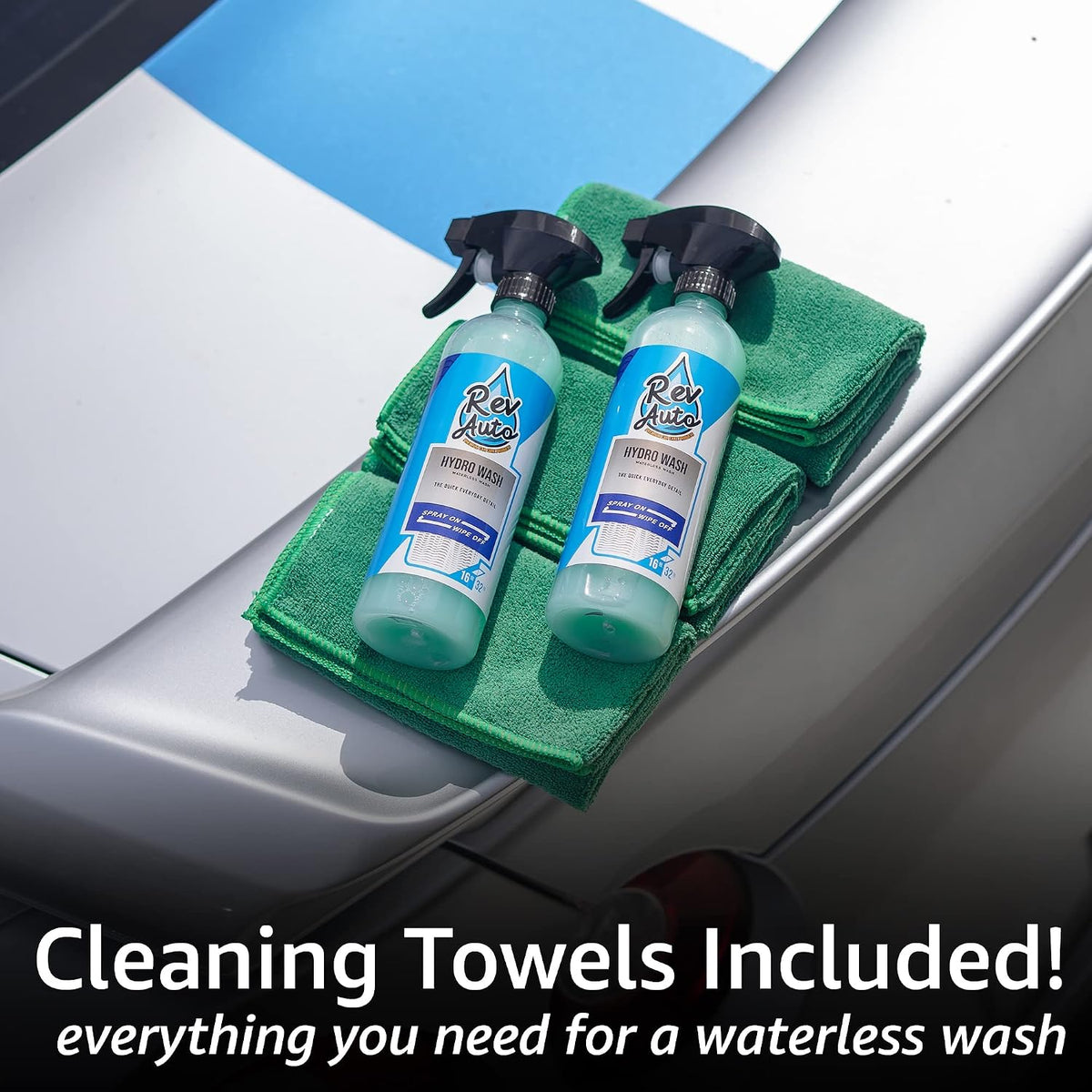Rev Auto Waterless Car Wash Kit - Cleans Vehicles Without Water Source/Includes Two 16oz Waterless Wash Spray Cleaner and Microfiber Towels | Car Exterior Cleaner | No Rinse Car Wash Cleaning Spray