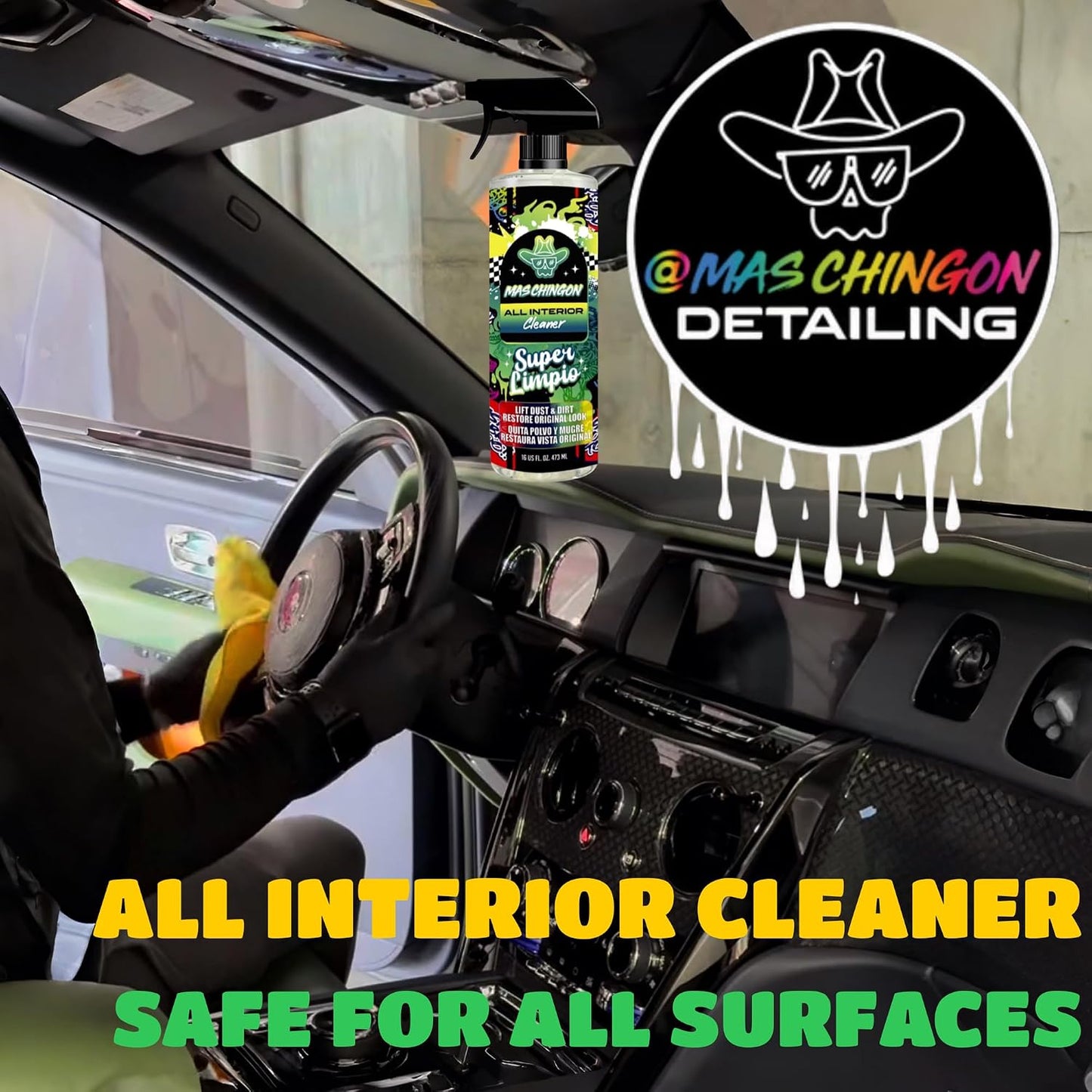 Mas Chingon All Interior Cleaner Cleans & Protects Leather, Vinyl, Plastic, Rubber Touch Screens & Glass Streak-Free Finish Lift Dust & Dirt Safe for Cars, Trucks, SUVs, RVs & More - 16 oz