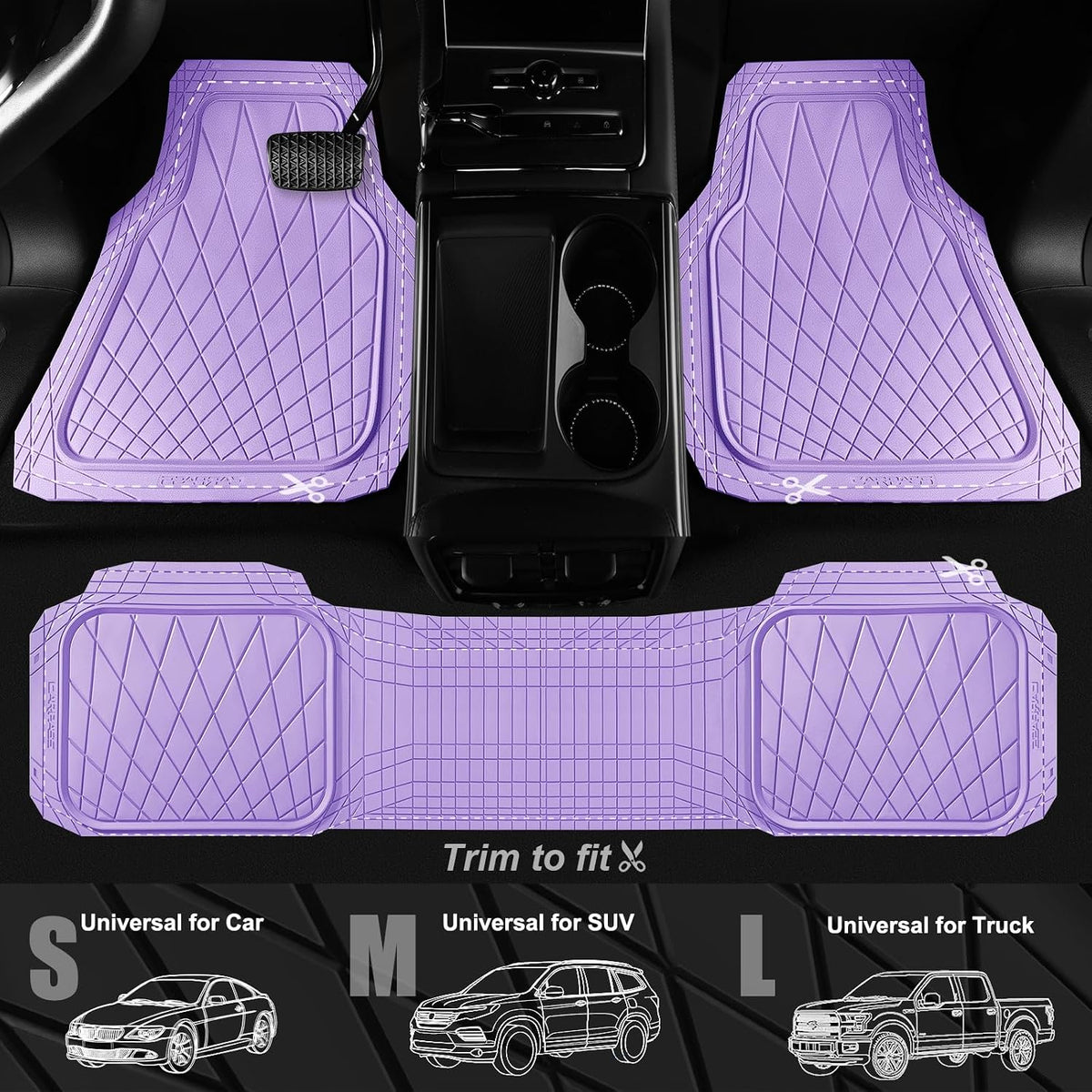 CAR PASS Heavy Duty Rubber Car Floor Mats, Deep Dish All Weather Car Mats Full Set, 3 Piece Waterproof Premium Anti-Slip Floor Mats Rugs Universal Trim to Fit for 95% Sedan SUV Van Truck, All Purple