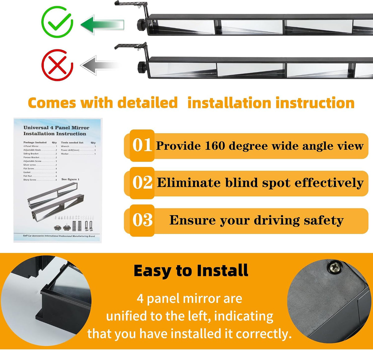 Golf Cart Rear View Mirror 4 Panel Universal for Yamaha EZGO Club Car, Wide Angle View Wink Mirror, Eliminate Blind Spots