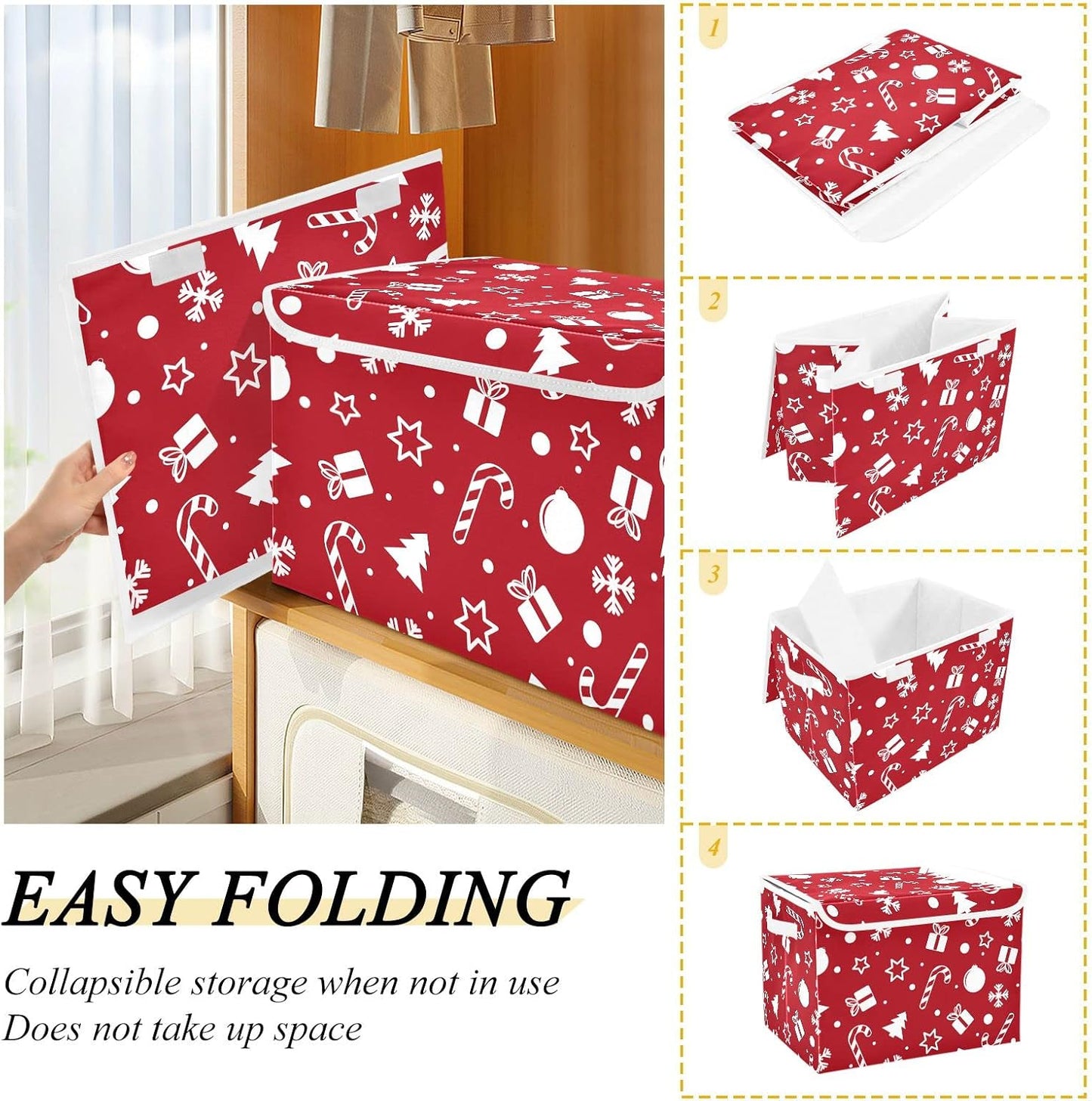 CaTaKu Large Fabric Storage Bins With Lids, Red Christmas Tree Storage Boxes With Handles for Organizing Clothes, Collapsible Storage Cube Bins Baskets for Shelves