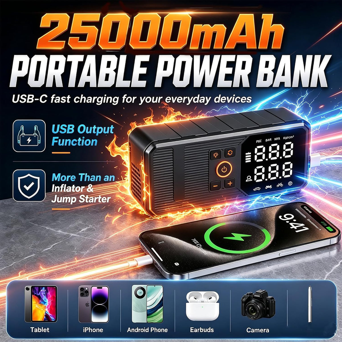 9000A Jump Starter with Air Compressor, Portable Tire Inflator, German-Tech Fast-Charging Power Bank Car Battery Booster for Car Owners Camping, Road Trips, Family Safety & Gift Giving