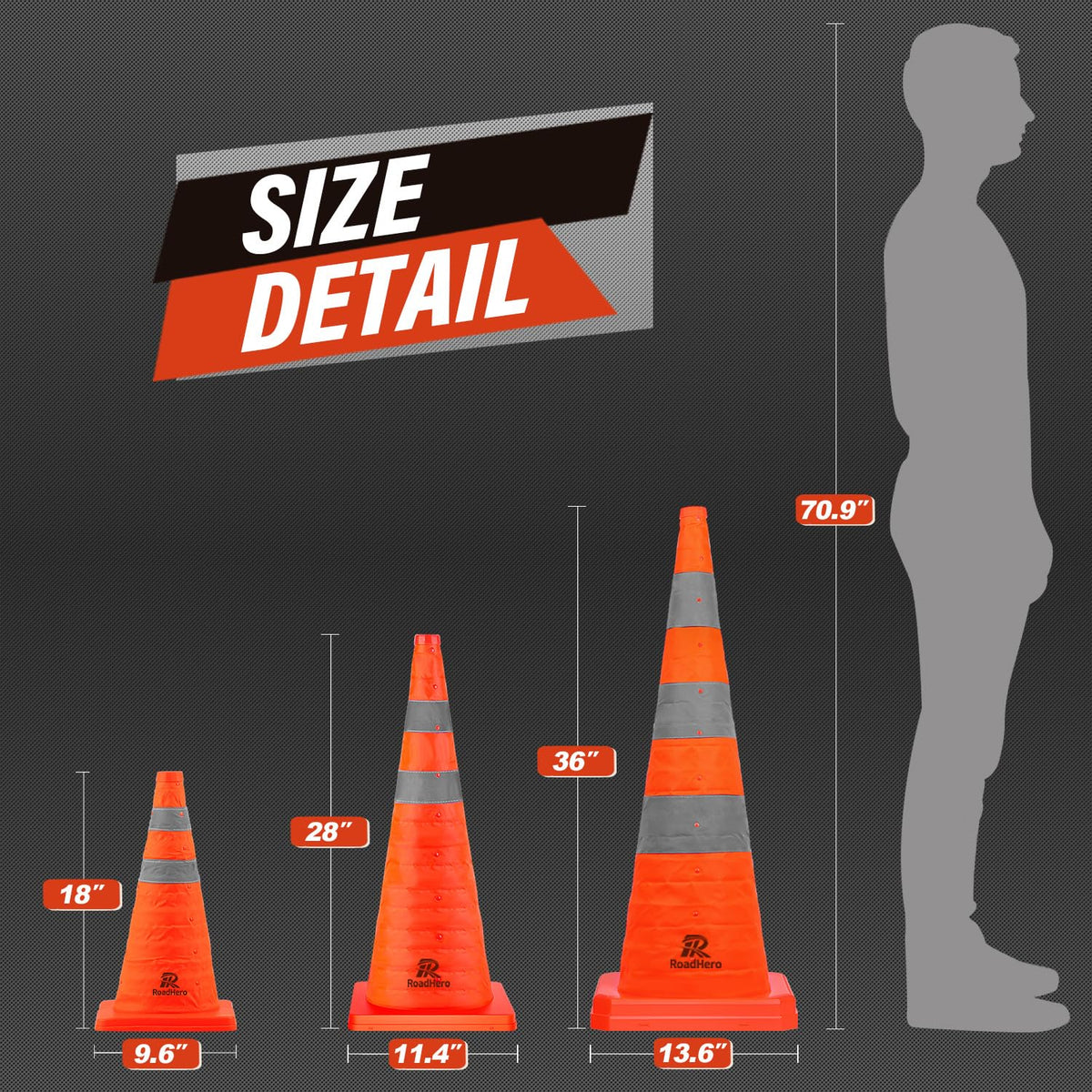 RoadHero 28 Inch 4 Pack Collapsible Traffic Safety Cones with Bag, Orange