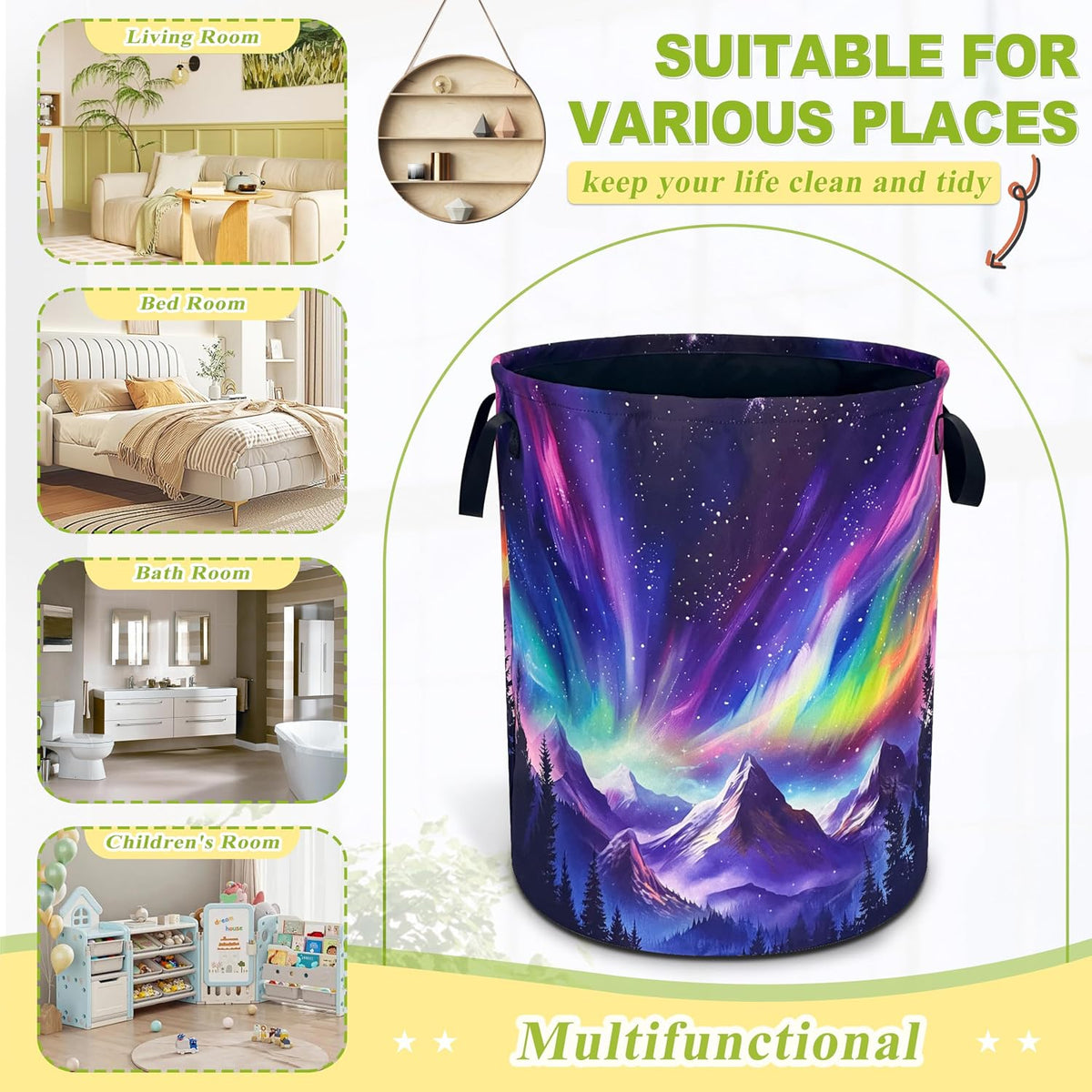 Aurora Mountains Laundry Basket Night Sky Forest Foldable Oxford Cloth