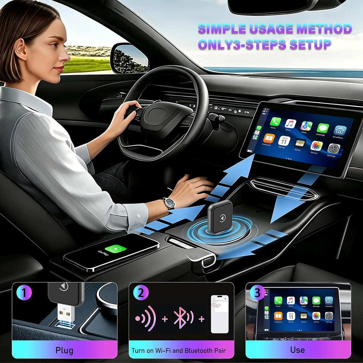 Wireless Carplay Adapter for iPhone/Android Latest Upgrade，Play Plug & Play