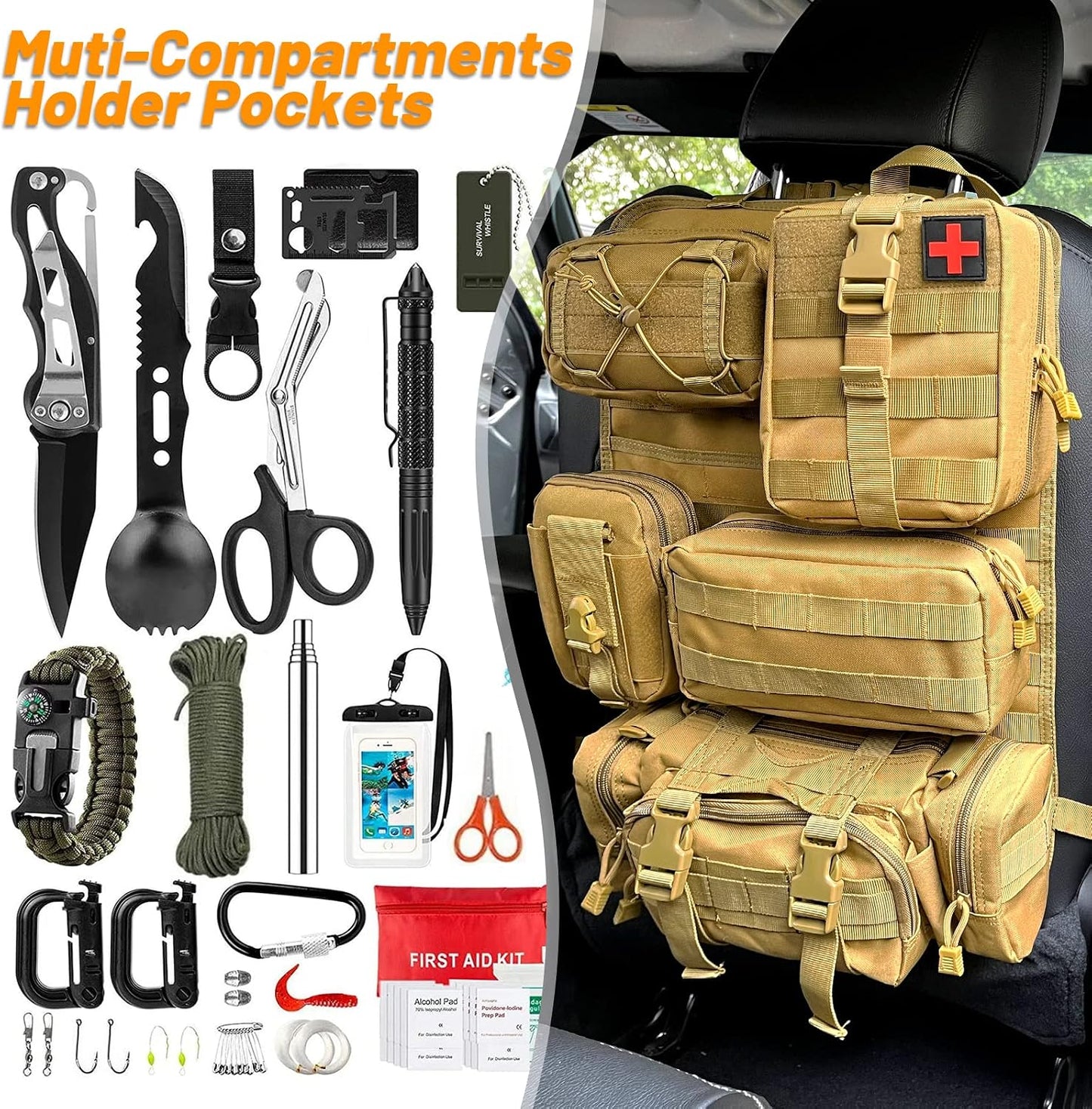 Universal Tactical Vehicle Back Seat Organizer with 5 Molle Pouch Molle Pouches Truck Seat Organizer Tactical Gear for Car Truck Ford Jeep Vehicle