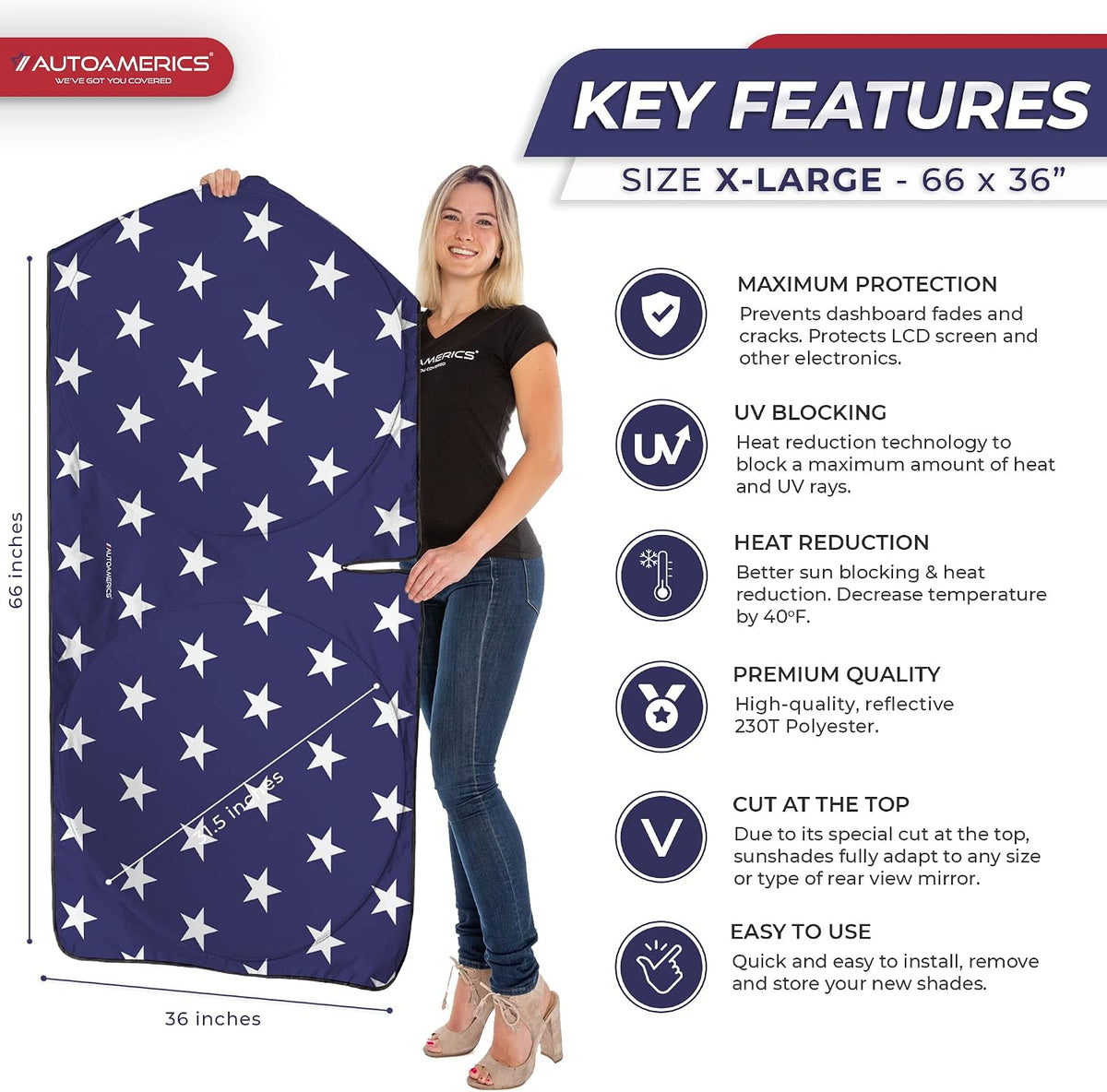 Autoamerics Truck Windshield Sun Shade with Storage Pouch & Anti-Slip Dash Pad - Foldable USA Stars Flag Design - Fits Most SUVs & Trucks - Blocks UV Rays and Keeps Car Cool | X-Large (66 x 36 inches)
