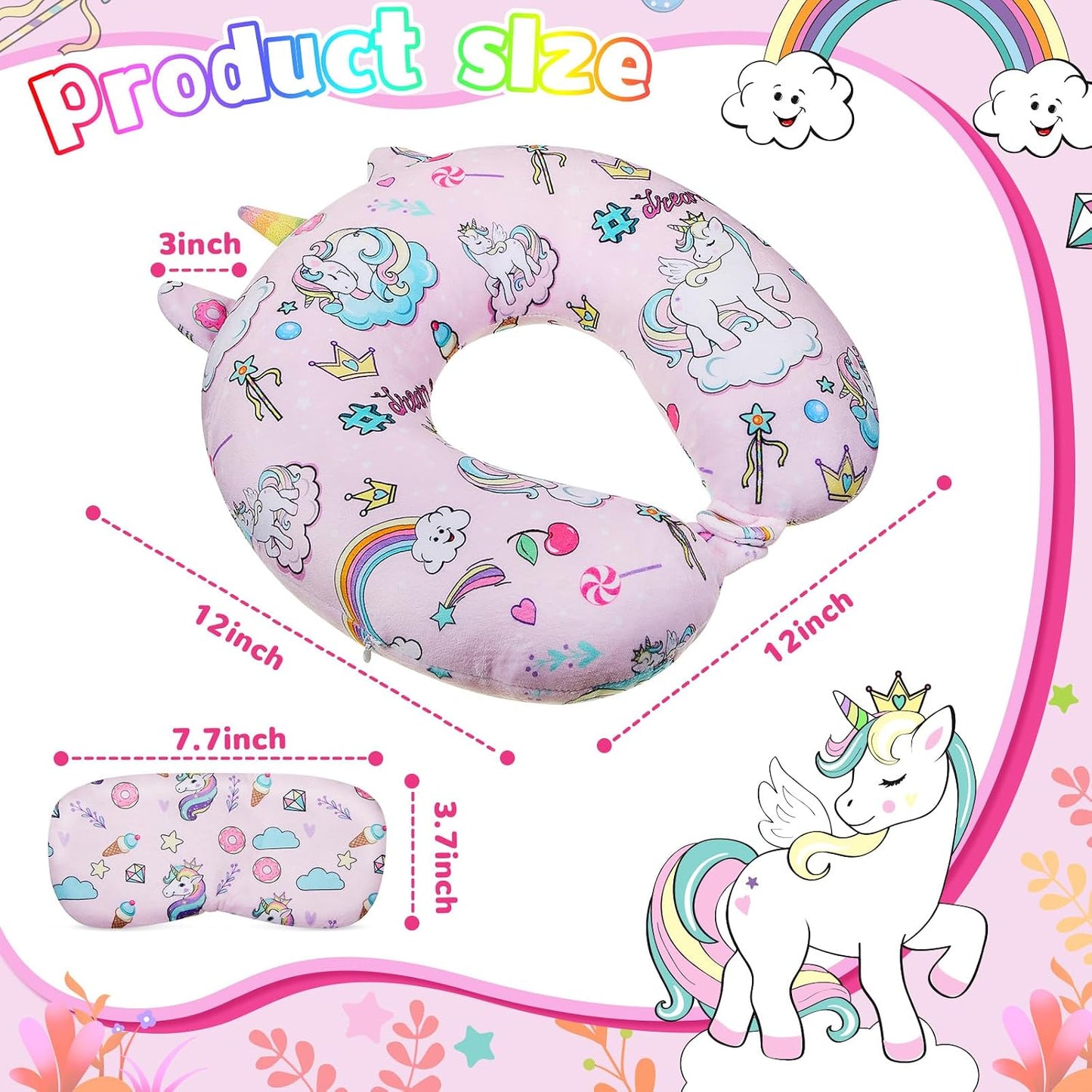 Thyle 2 Set Unicorn Neck Travel Pillow for Kids and Eye Mask Lightweight Travelling Sleeping Pillow Set for Airplane, Car, Train, Bus and Home Use Support Blindfolds