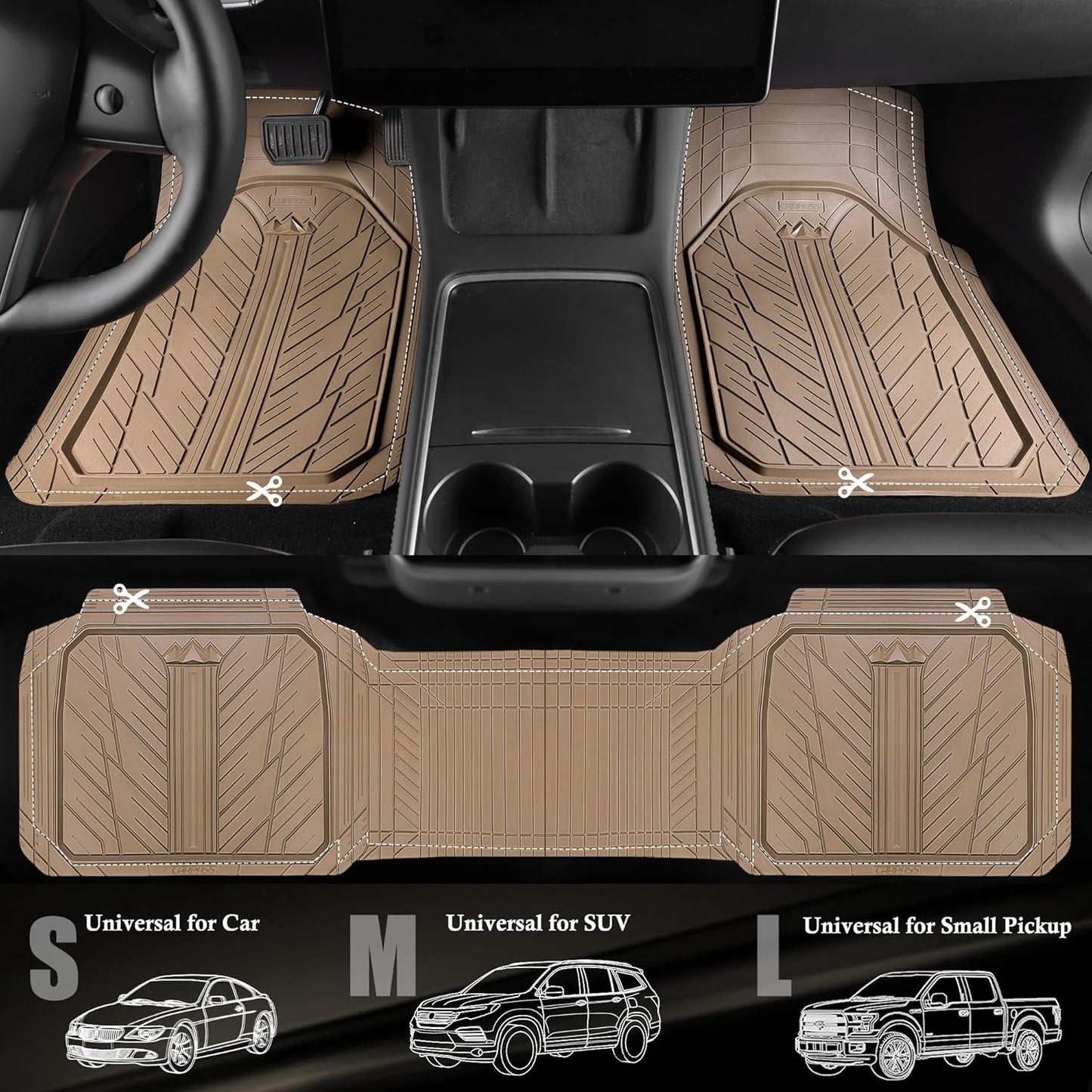 CAR PASS Heavy Rubber Car Floor Mats, Deep Waterproof Car Mats All Weather, Universal Trim-to Fit Automotive Floor Mats for Car SUV Truck Van, Durable Floor Liners All Beige
