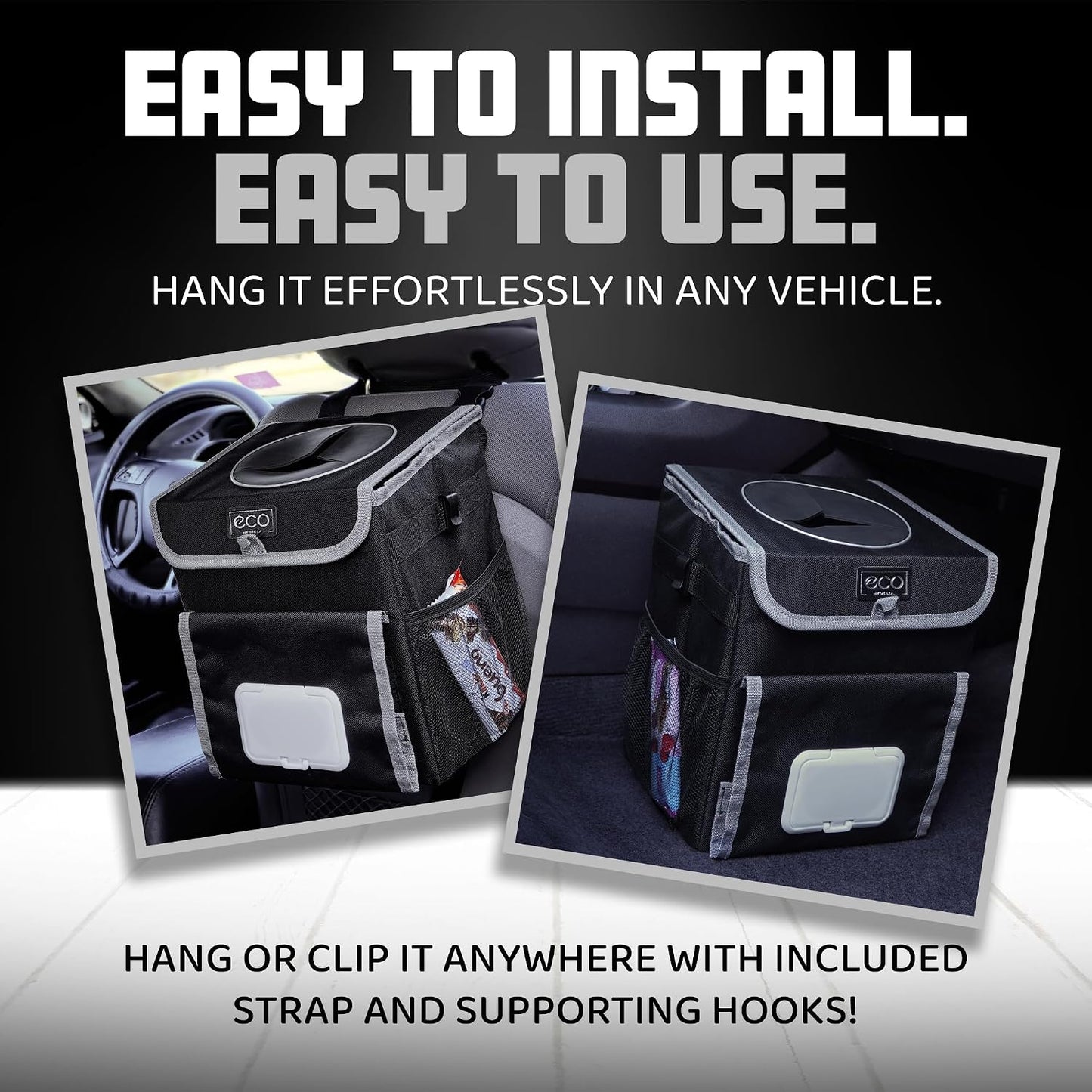 Eco Hygieia Leakproof Car Trash Can - Portable Hanging Car Garbage Can with Adjustable Elastic Strap, Wipes &amp; Tissue Box Holder, Spillproof Opening, Mesh Pockets, Waterproof Lining