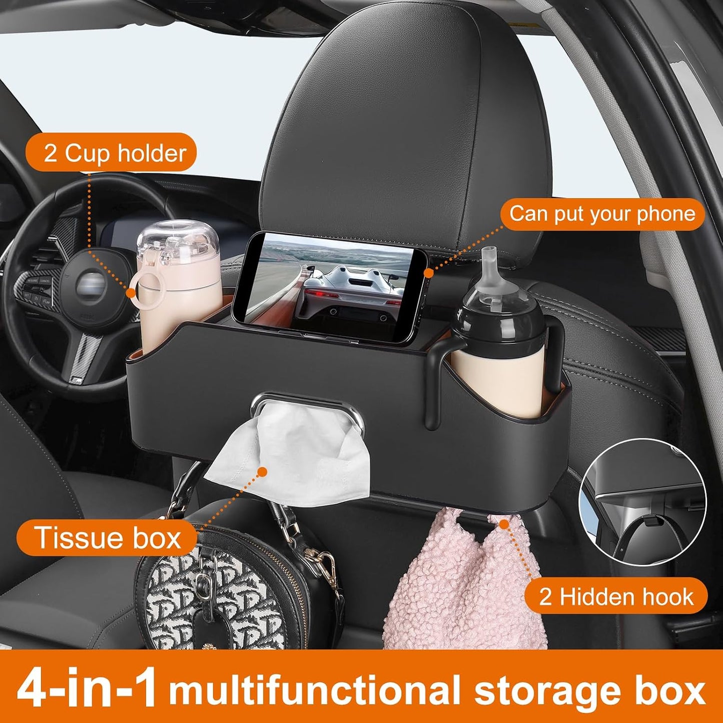 Car Rear Backseat Extra Multifunctional Drink Cup Holder Organizers with Tissue Storage Box Organizer & Hooks for Car Seat Back. Black