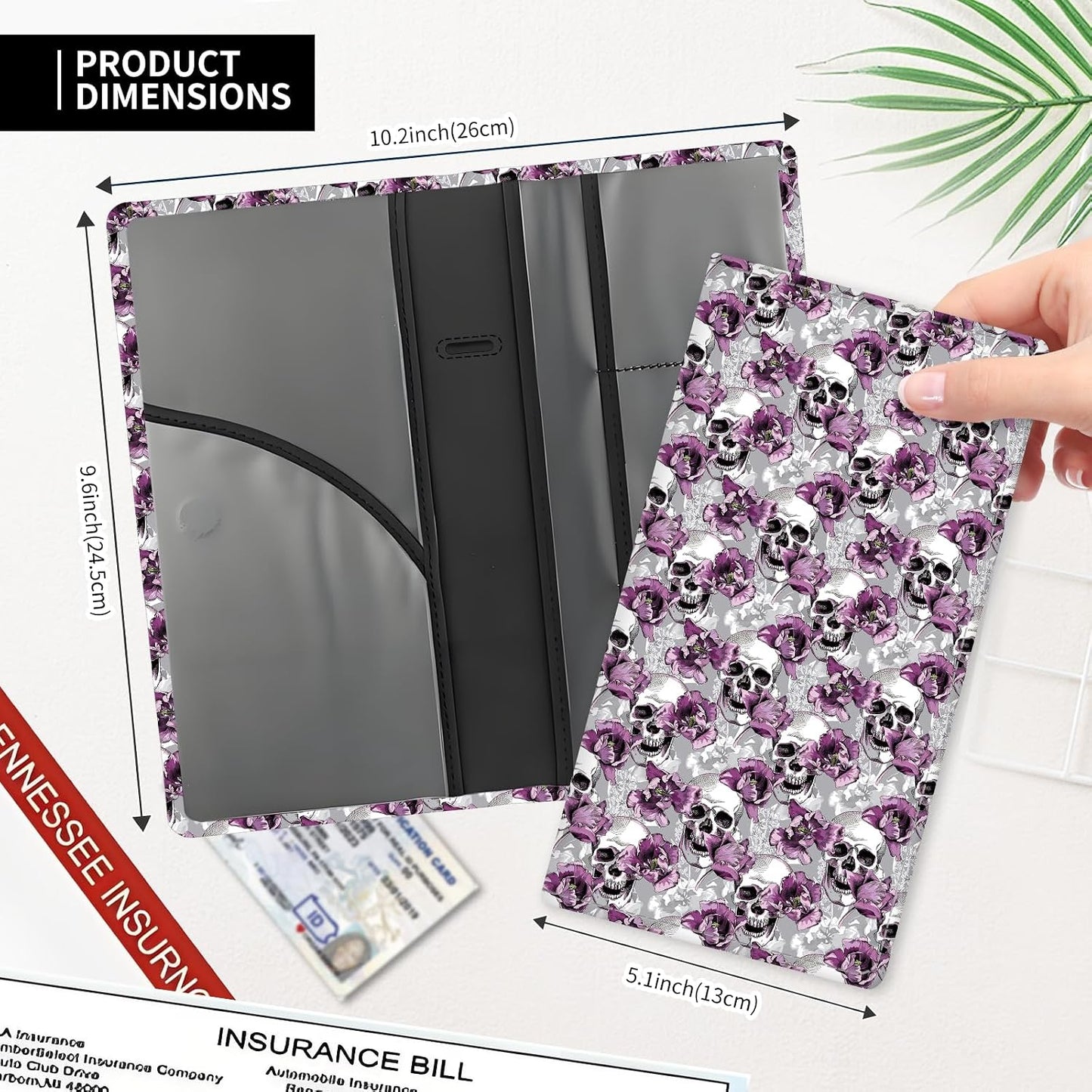 Leather Car Registration and Insurance Card Holder, Cute Car Accessories Vehicle Glove Box Car Organizer for Documents, Cards, License Cool Skull Flowers