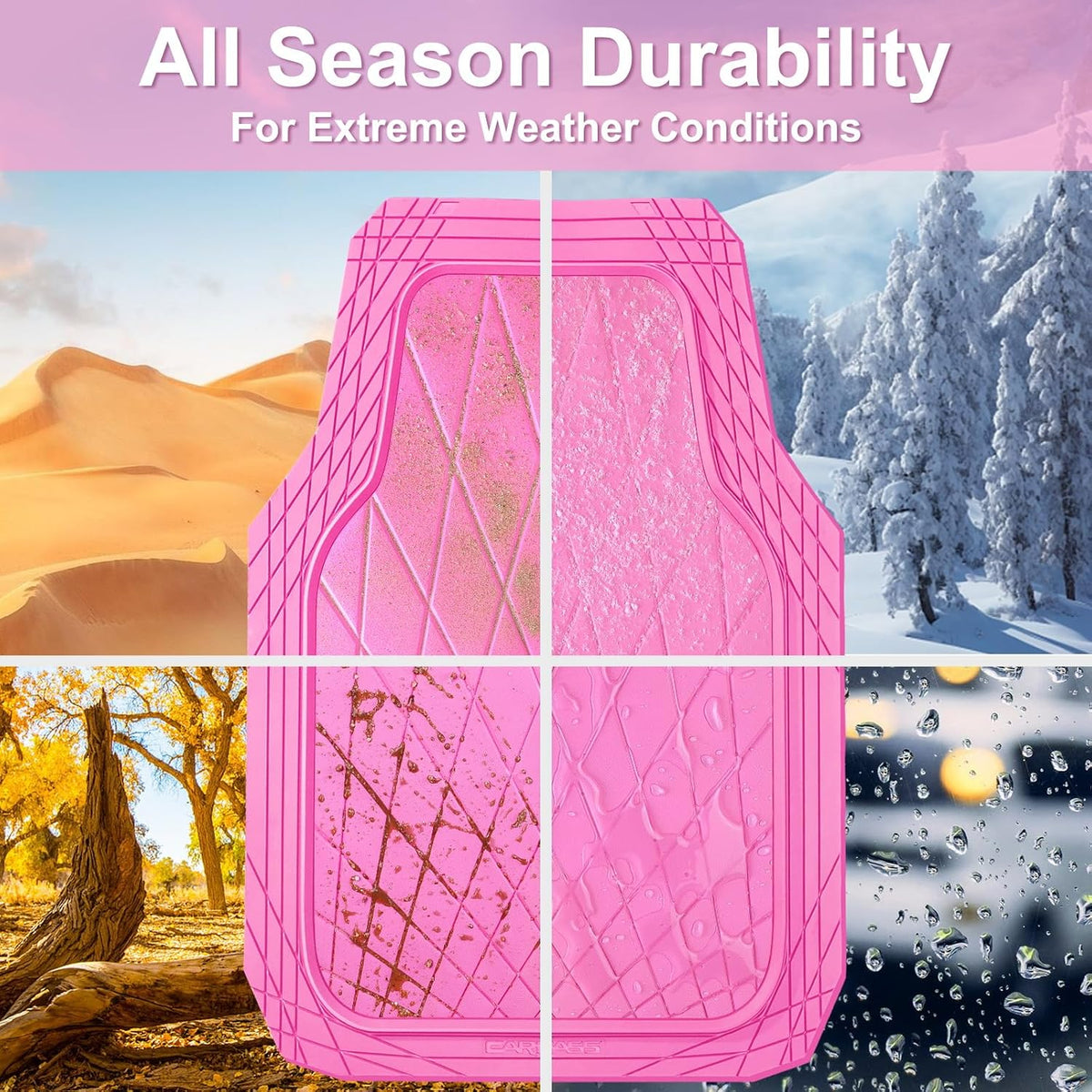 CAR PASS Heavy Duty Rubber Car Floor Mats, Deep Dish All Weather Car Mats Full Set, 3 Piece Waterproof Premium Anti-Slip Floor Mats Rugs Universal Trim to Fit for 95% Sedan SUV Van Truck, Pink