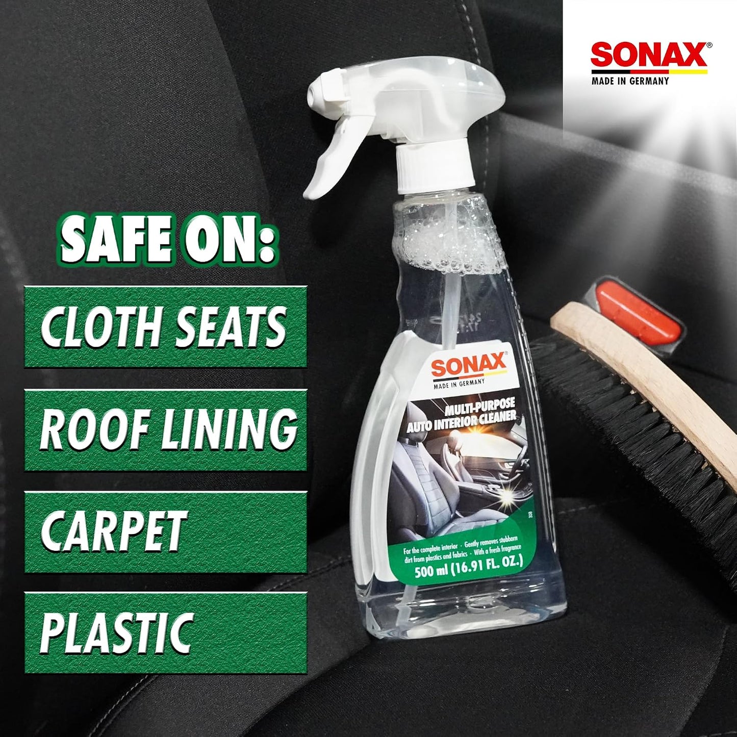 SONAX Multi-Purpose Interior Cleaner 321200 | Powerful Stain Remover & Deodorizer for Fabric, Upholstery, Carpet, Door Panels & Headliners | Eliminates Odors, Freshens Car, RV & Home Interiors | 500ml