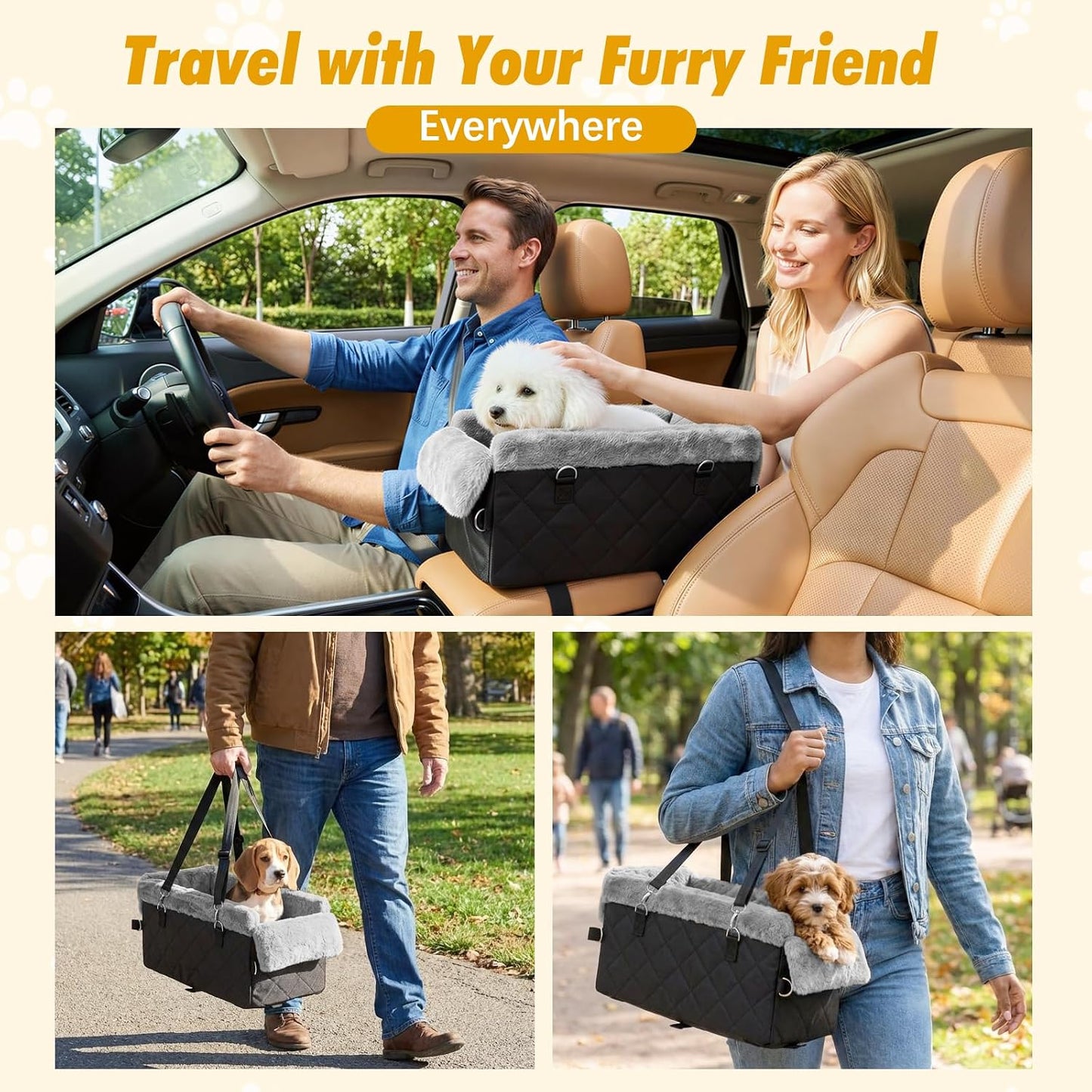 Center Console Dog Car Seat,Dog Car Seats for Small Dogs with Non-Slip and Strong Support,Anti-Collapse Portable Pet Bed for Puppies with Soft Cushion Safety Belt, Small Dogs, Cats Under 12 LBS, Black