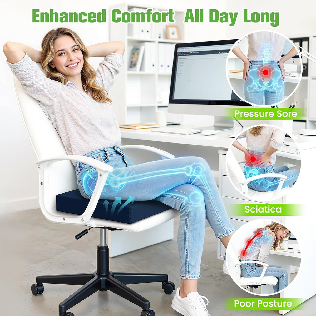 Seat Cushion for Office Chairs, Memory Foam Chair Cushion with Patterned Core for Even Support, Back, Tailbone & Sciatica Relief, Chair Pillow with Carry Handle for Car, Wheelchair(Blue)