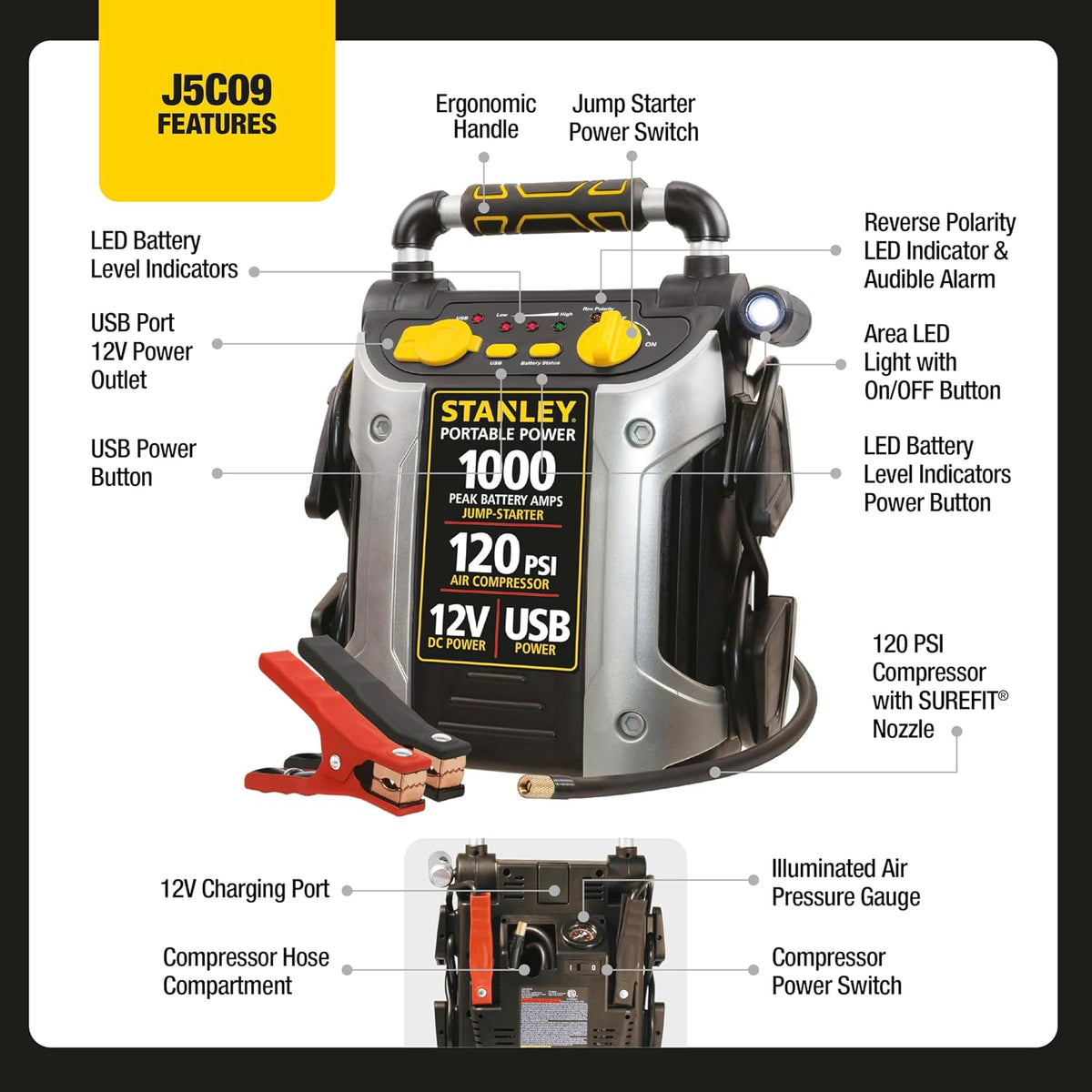 STANLEY J5C09 1000 Amp Jump Starter with Compressor
