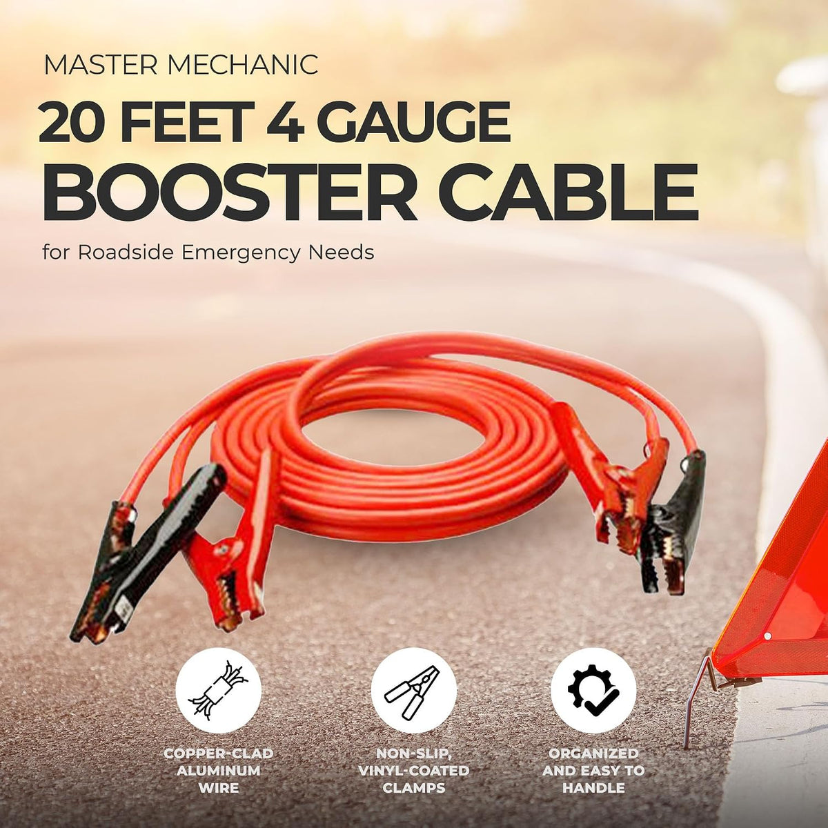 Master Mechanic Heavy-Duty Booster Cables, 4 Gauge, Red, 20 Feet