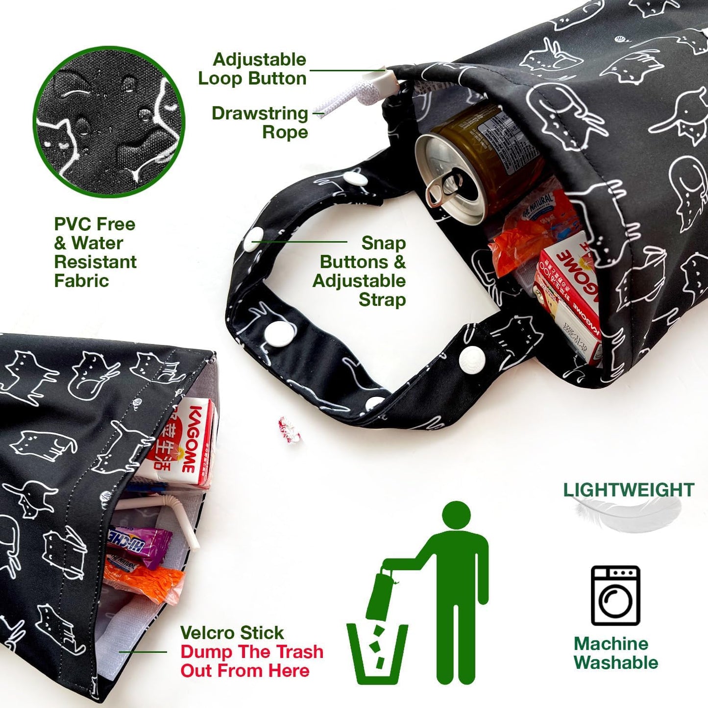 Waterproof Car Trash Bag Reusable Portable Garbage Can with Drawstring Top Adjustable Hanging Strap Leakproof & Washable for Cars SUVs & Trucks (Black Cats)