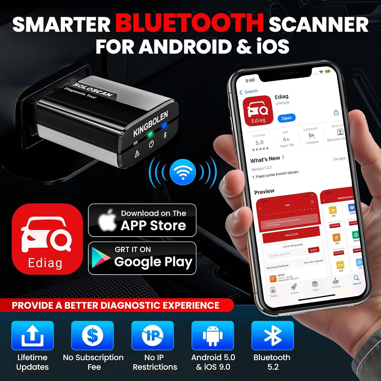 KINGBOLEN Soloscan for Land Rover Jaguar OBD2 Scanner Bluetooth, All Reset Service, Bidirectional Scan Tool for iOS & Android, Full System Car Diagnostic Scanner, No Subscriptions Lifetime Update