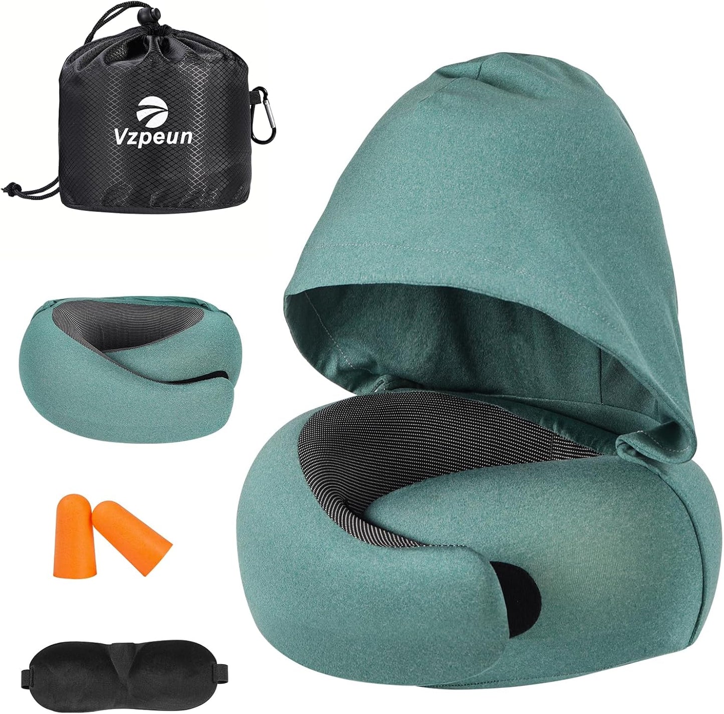 Travel Pillow - Hooded Neck Pillow Airplane Memory Foam Filling for Plane, Office, Cars Sleeping, Road Trip, Long Flights, Airplane Travel Essentials, Includes Eye Mask & Earplugs (Green)