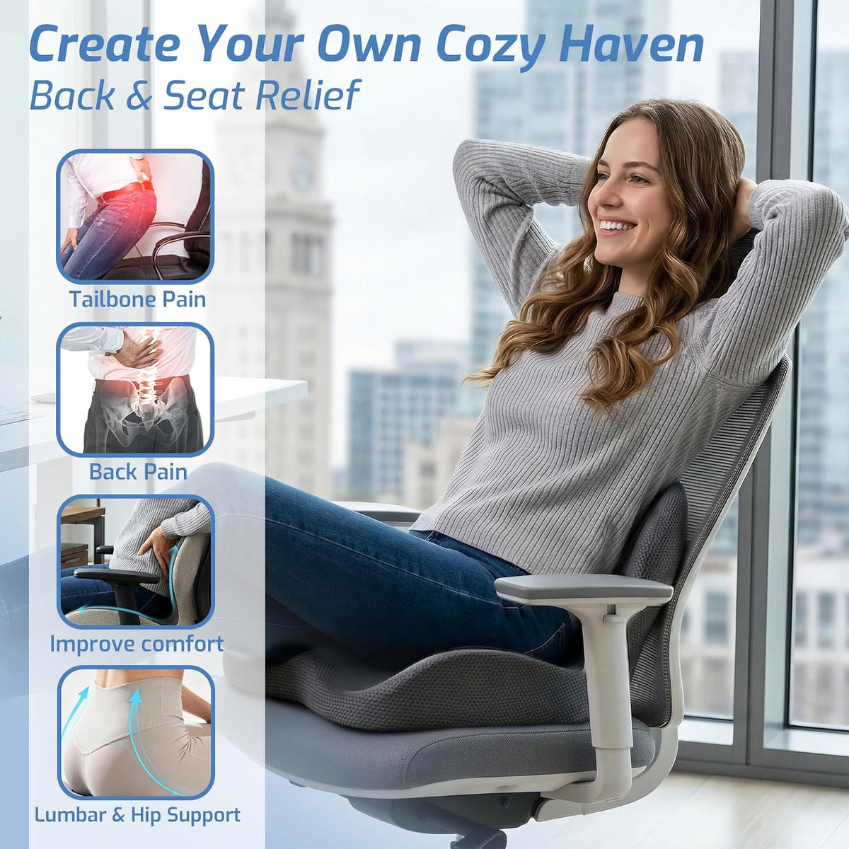 Ergonomic Seat Cushion with Lumbar Support Pillow for Office and Car