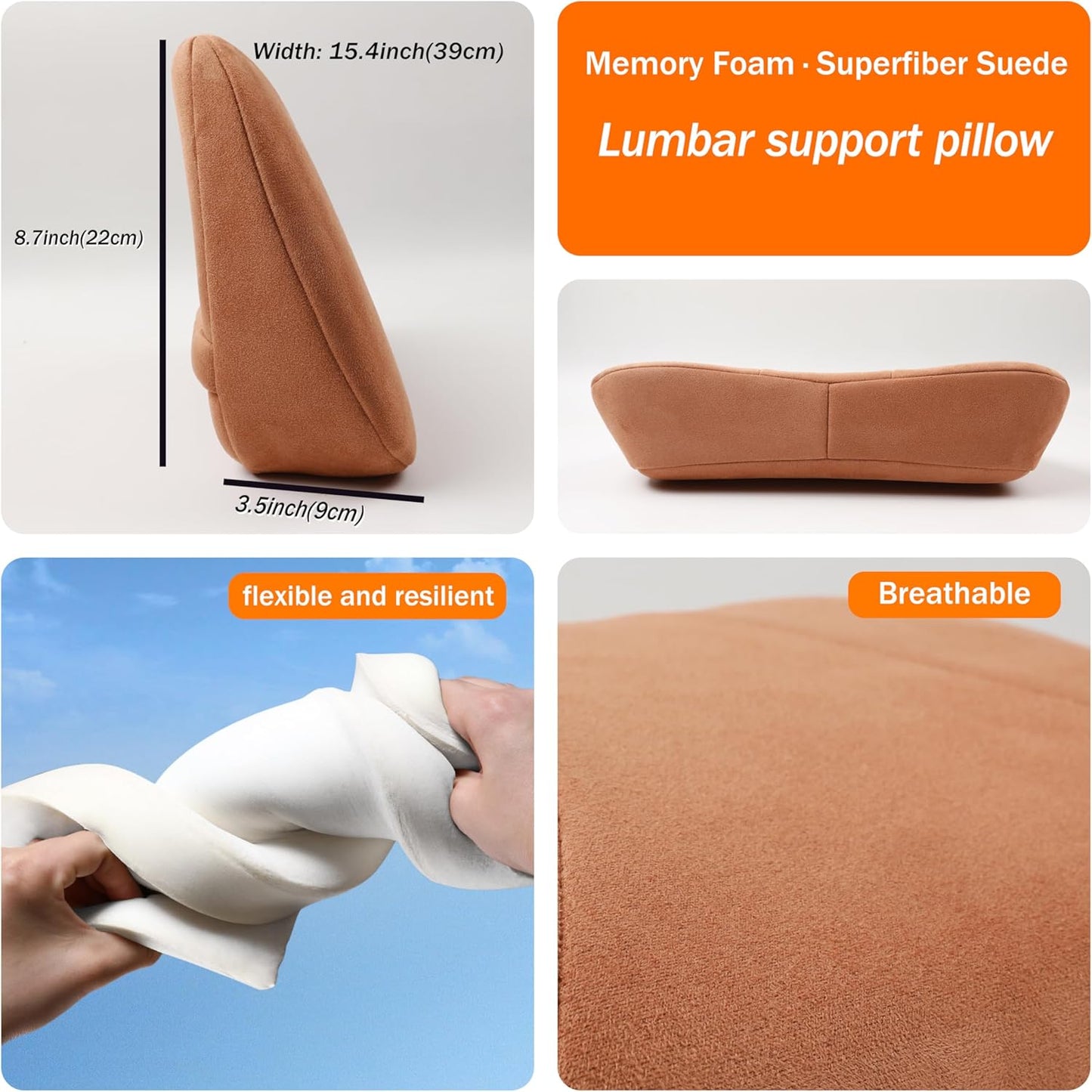 Lumbar Support Pillow,Back Pain Relief Cushion,fits tightly around the waist,Memory Foam,Skin-friendly Suede Fabric,fit Car Drive,Office chair,Rest seat,Improve Posture,Portable,15.5''Lx 8.7''H