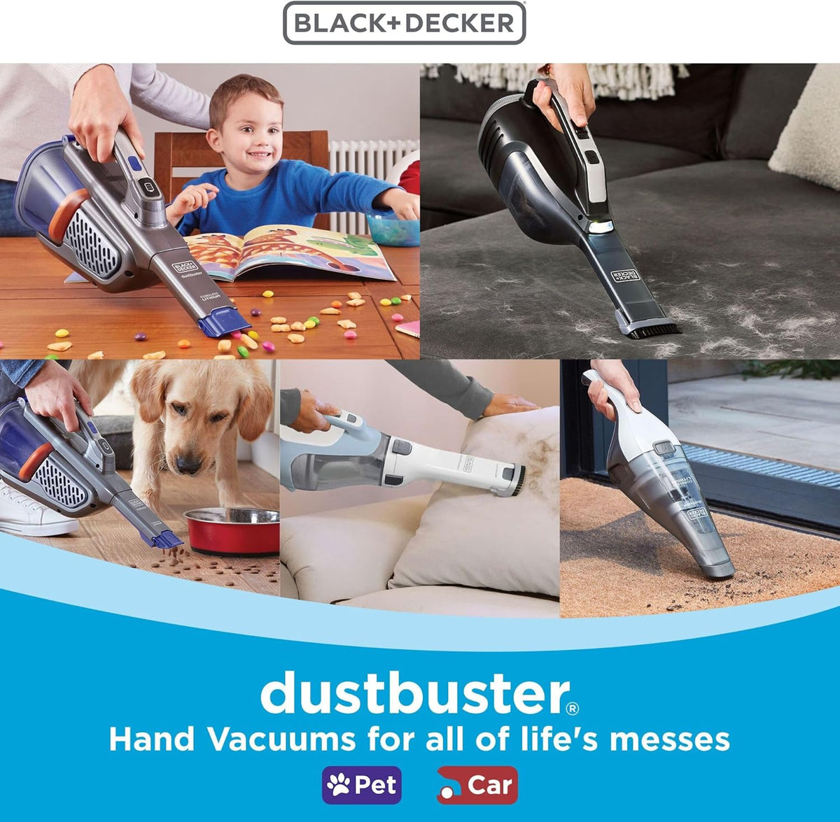 BLACK+DECKER Dust Buster Hand Held Vacuum Cordless Rechargeable, Portable Vacuum for Car, Extended Runtime, Powerful Suction, Extra Long Crevice Tool, AdvancedClean+ (HHVK320J10)