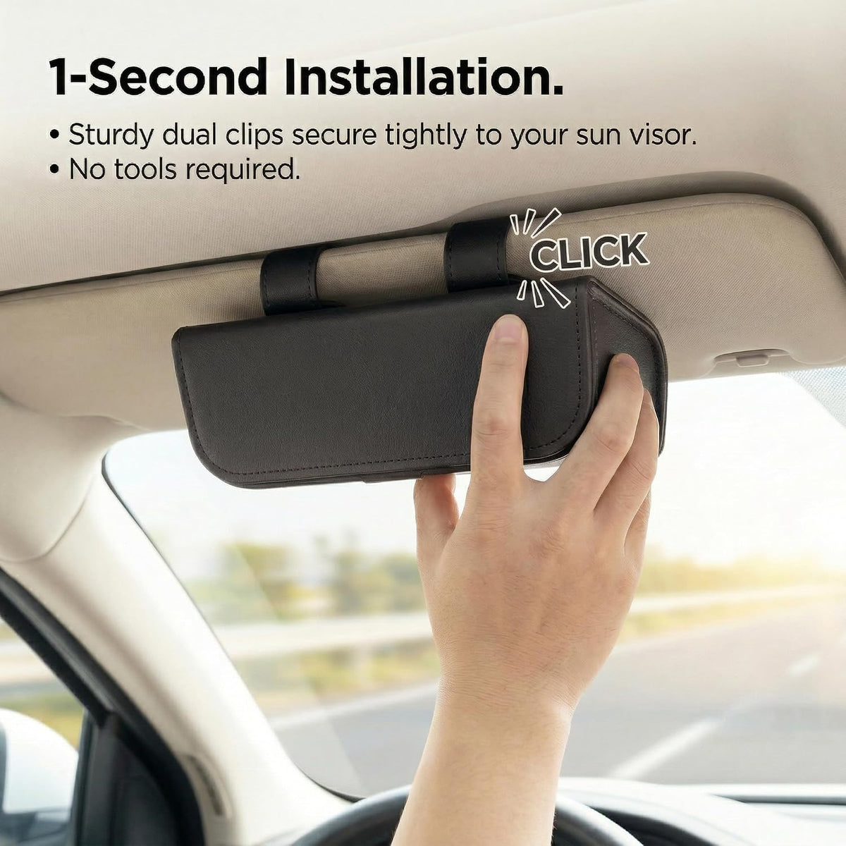 Magnetic Sunglasses Holder for Car Visor, PU Leather Clip, Black