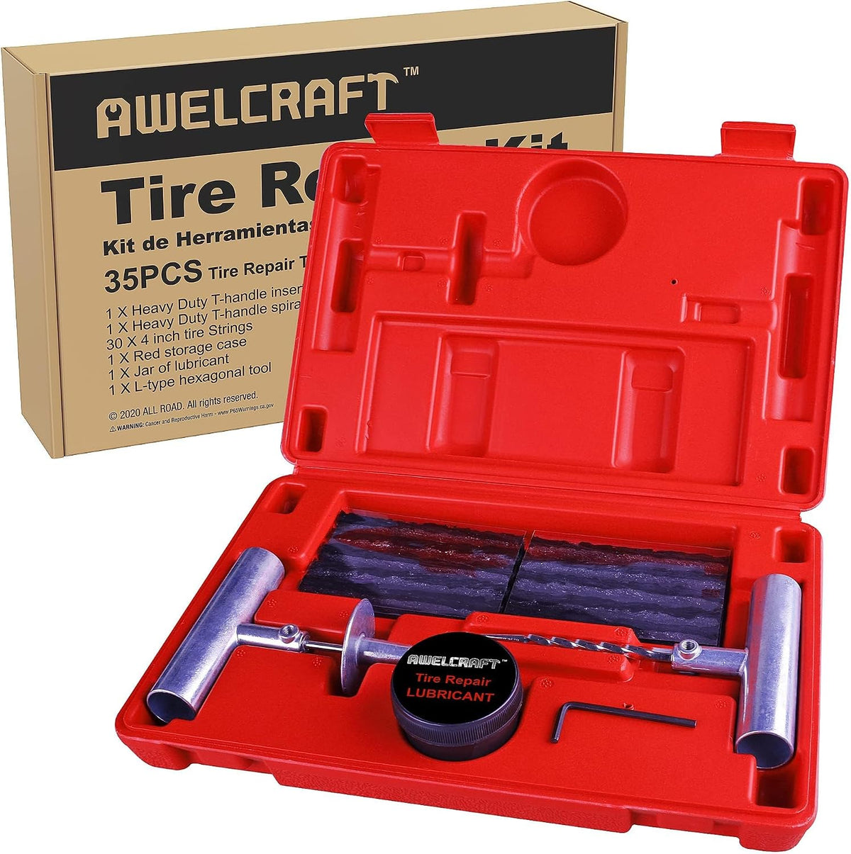 AWELCRAFT 57-Piece Tire Repair Kit – T-Handle Tools with Valve Kit & Case