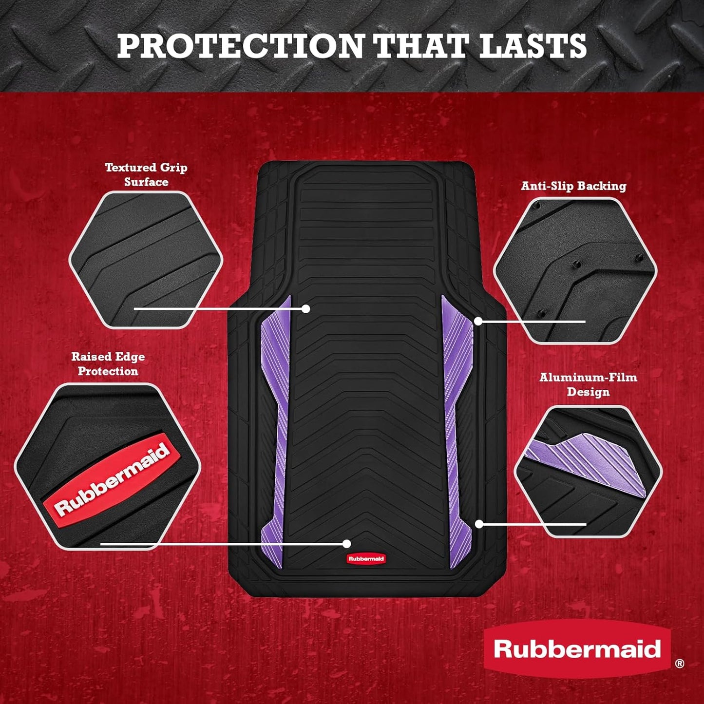 Rubbermaid Car Floor Mat, Heavy Duty All-Weather Car Mats Full Set with Dual-Tone Purple Aluminum Inserts – Universal Fit, Anti-Slip Backing, Trim-to-Fit for Most SUV, Sedan, Van