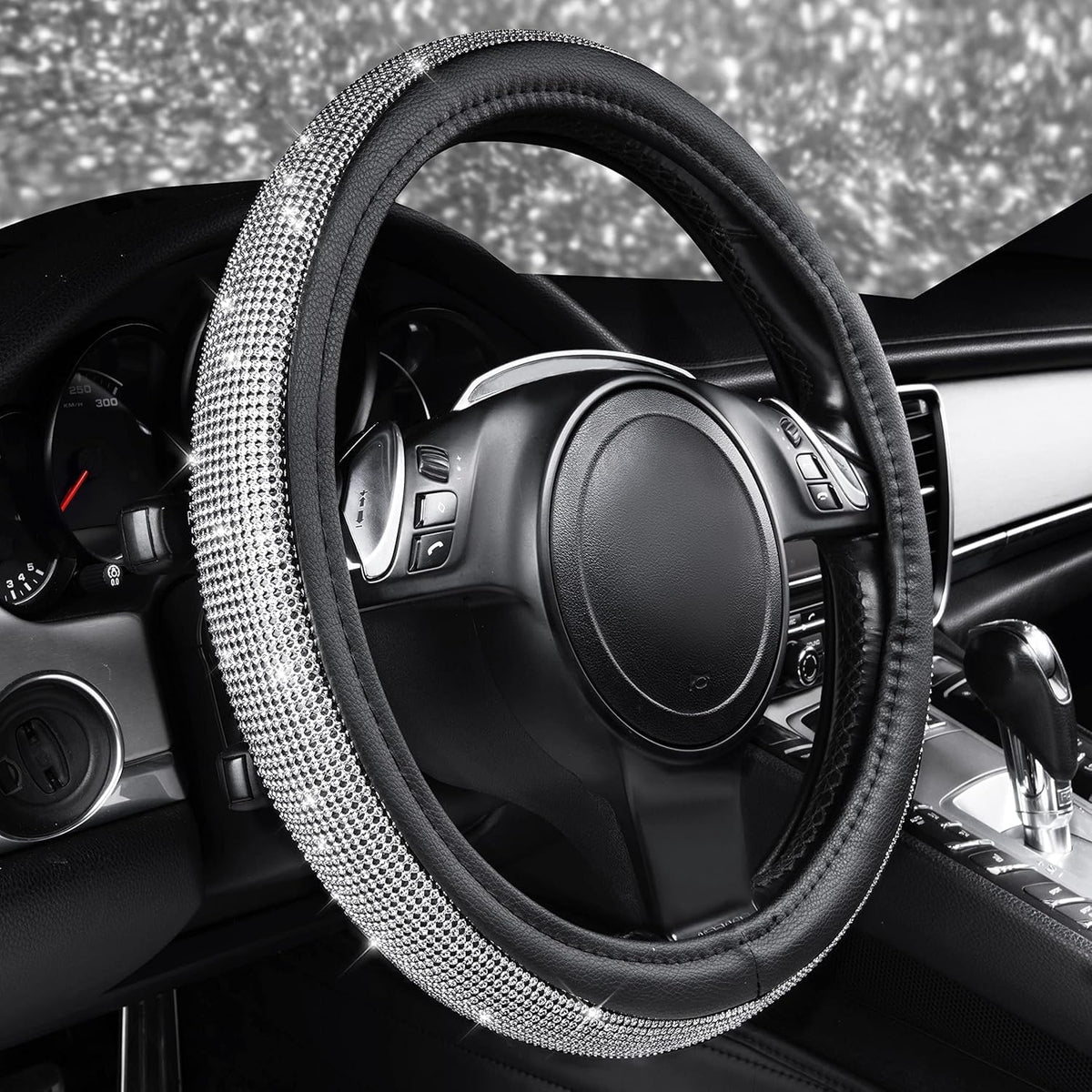 CAR PASS Bling Diamond Leather Steering Wheel Cover, with Bling Sparkly Crystal Glitter Rhinestones Universal Fit 14.5in-15in Car Wheel Protector for Women Girl Fit Suvs,Vans,Sedans,Car,Trucks, Silver