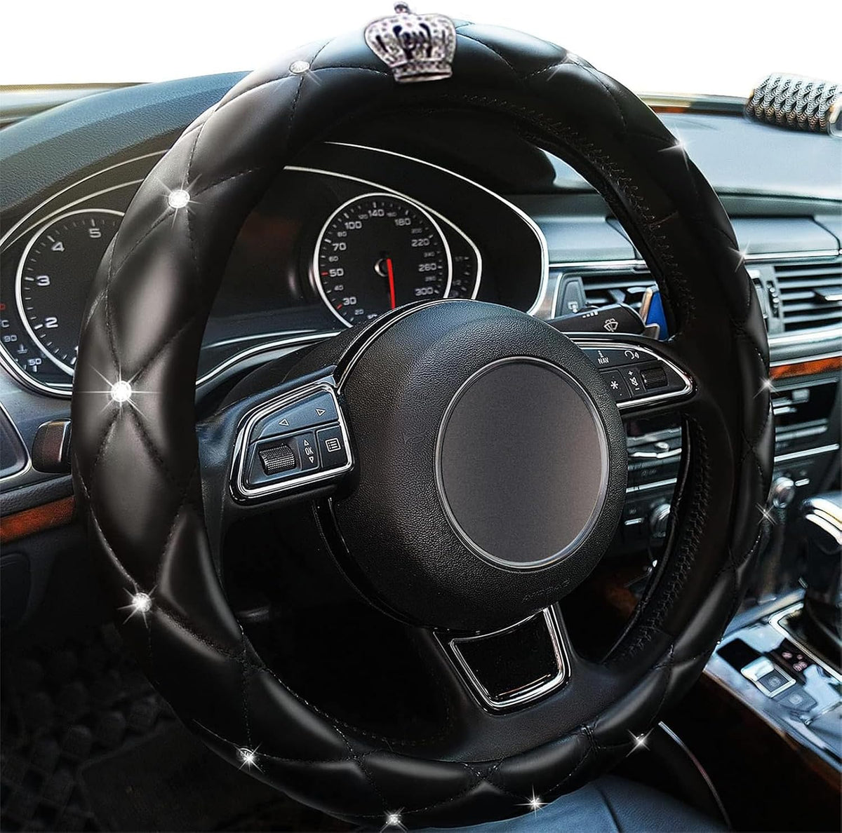 Diamond Black Leather Bling Steering Wheel Cover for Women Car Steering Wheel Protector Queen Rhinestones Anti-Slip Universal Fit 14 1/2-15 inch