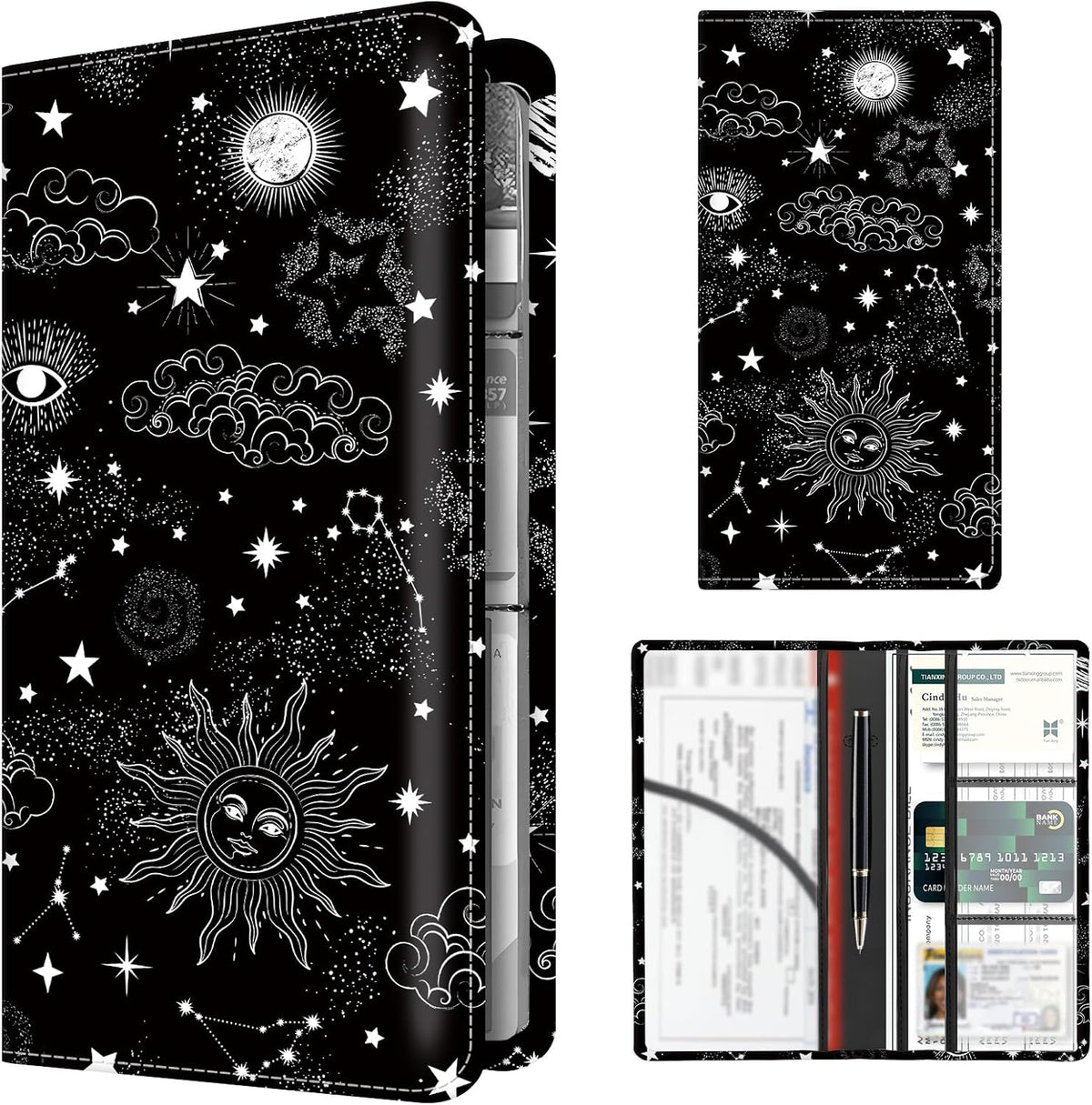 Premium Car Registration and Insurance Card Holder, Cute PU Leather Car Document Holder, Vehicle Glove Box Car Organizer with Magnetic Closure for Driver License, Cards Black Celestial Sky