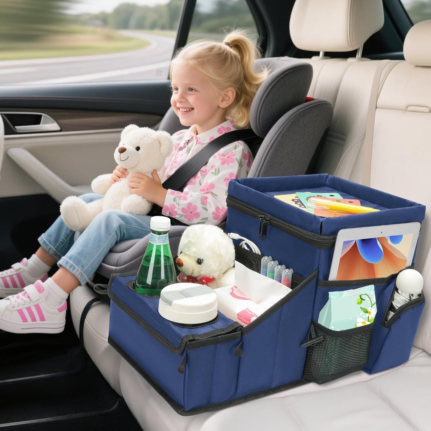 Backseat Organizer for Kids & Adults – Car Seat Cooler Warmer with 2-in-1 Writing Tray, Cup Holders & 11 Storage Compartments | Road Trip Car Organizer for Front & Back Seat (Black) (Navy Blue)