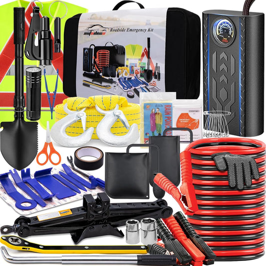 Car Emergency Roadside Kit with Scissor Jack, Air Compressor, Jumper Cables, Car Safety Kit, Air Wedge Bag Pump