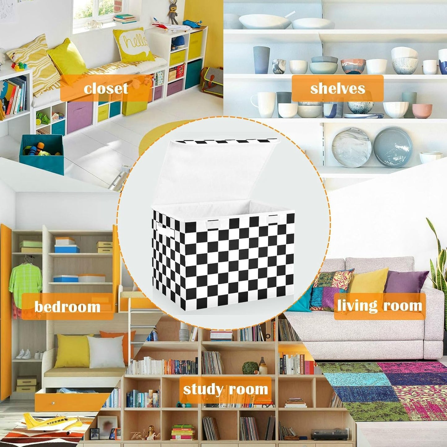 CaTaKu Large Fabric Storage Bins With Lids,Checkered Racing Flag Storage Boxes With Handles for Organizing Clothes, Collapsible Decorative Storage Cube Bins Baskets for Shelves