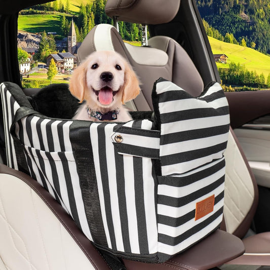 Dog Car Seat for Small Dogs Under 15 lbs – Center Console Pet Carrier with Safety Belt, Storage Pockets, Removable Washable Cover – B&W Stripes, Secure & Comfortable for Small Puppies/Cats