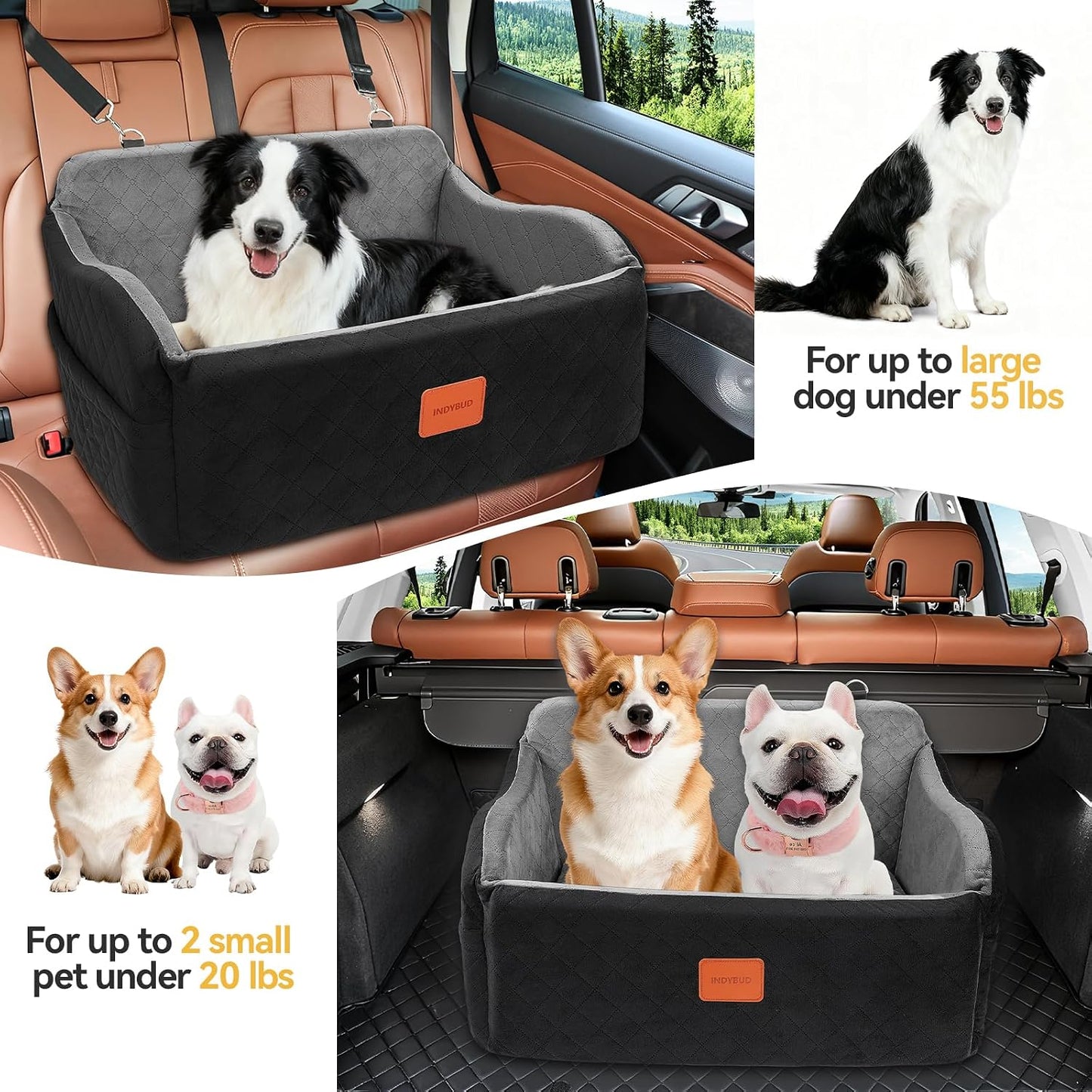 Dog Car Seat for Medium/Large Dogs, Memory Foam Pet Booster Seat for Under 55 lbs or 2 Small Dogs, Detachable Dog Car Bed for Backseat with 2 Safety Leashes and Pockets(Black/Grey, Large)
