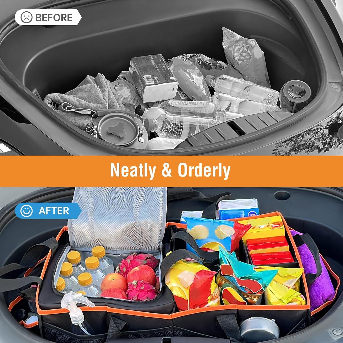 Rifachua Car Front Trunk Organizer with Cooler Bag Compatible with Tesla Model Y Model 3 2020-2026, Foldable Grocery Frunk Storage Bag Collapsible for Car SUV with Multi Compartment，Black