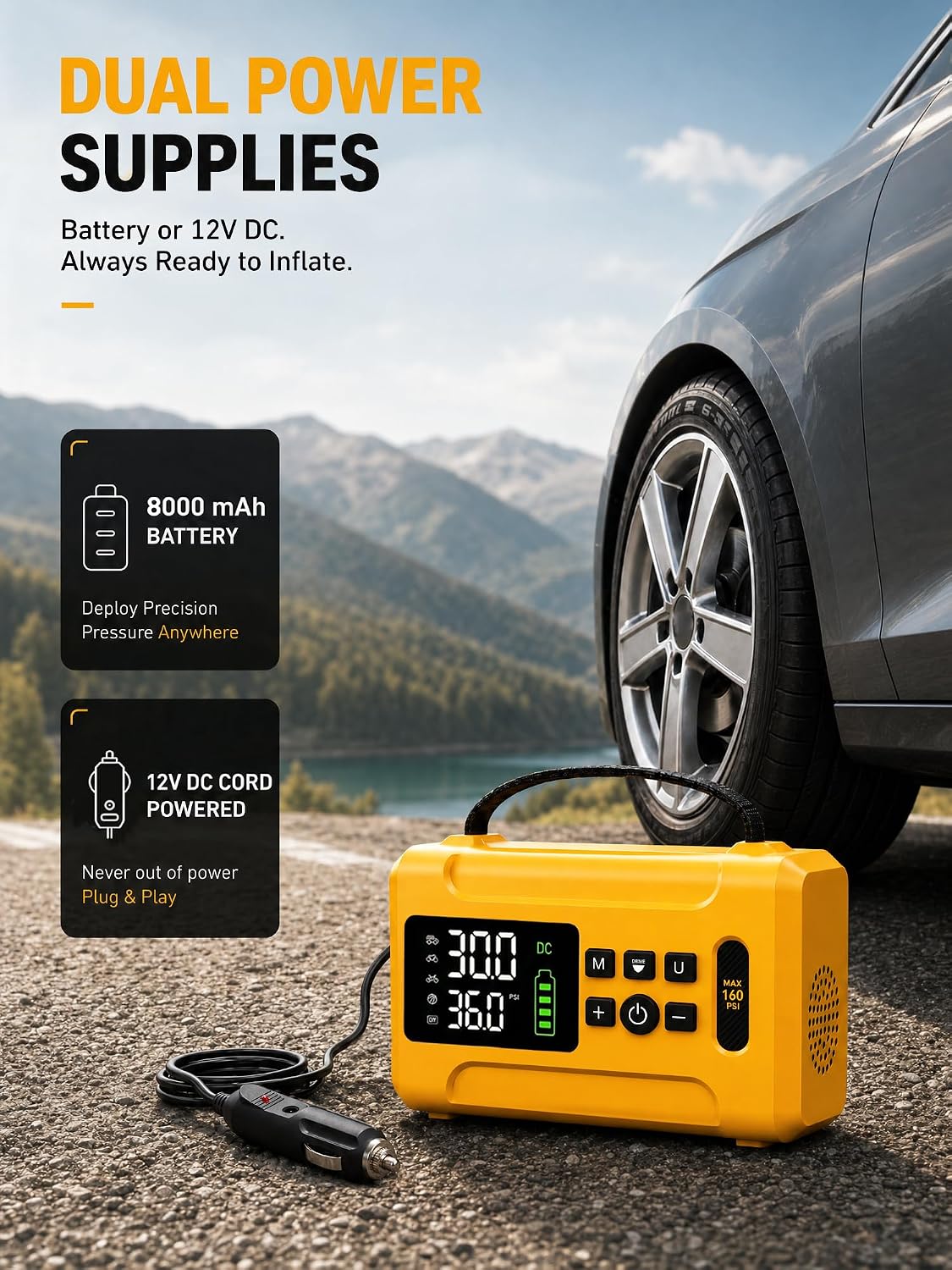 Tire Inflator Portable Air Compressor 160 PSI Air Pump for Cars 8000 mAh & 12V DC Dual Powered Fast 30L/min, Digital Tire Pressure Gauge, LED Lights, 5 Modes Presetting, Auto Shut-off