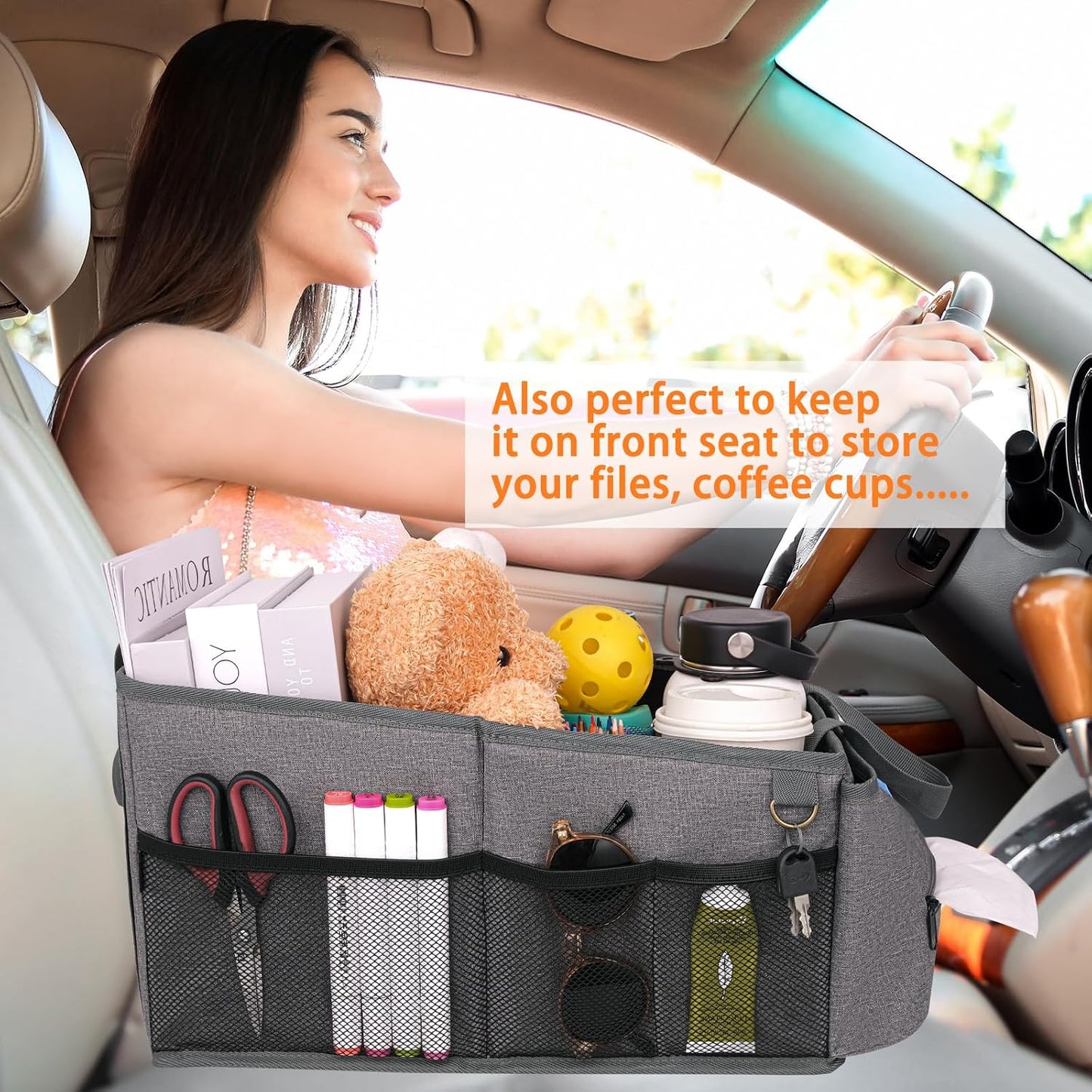 HEYSKAY Car Organizer with Tissue Box, Coffee Cup Drink Holder, Toy Books Storage for Car (Grey)