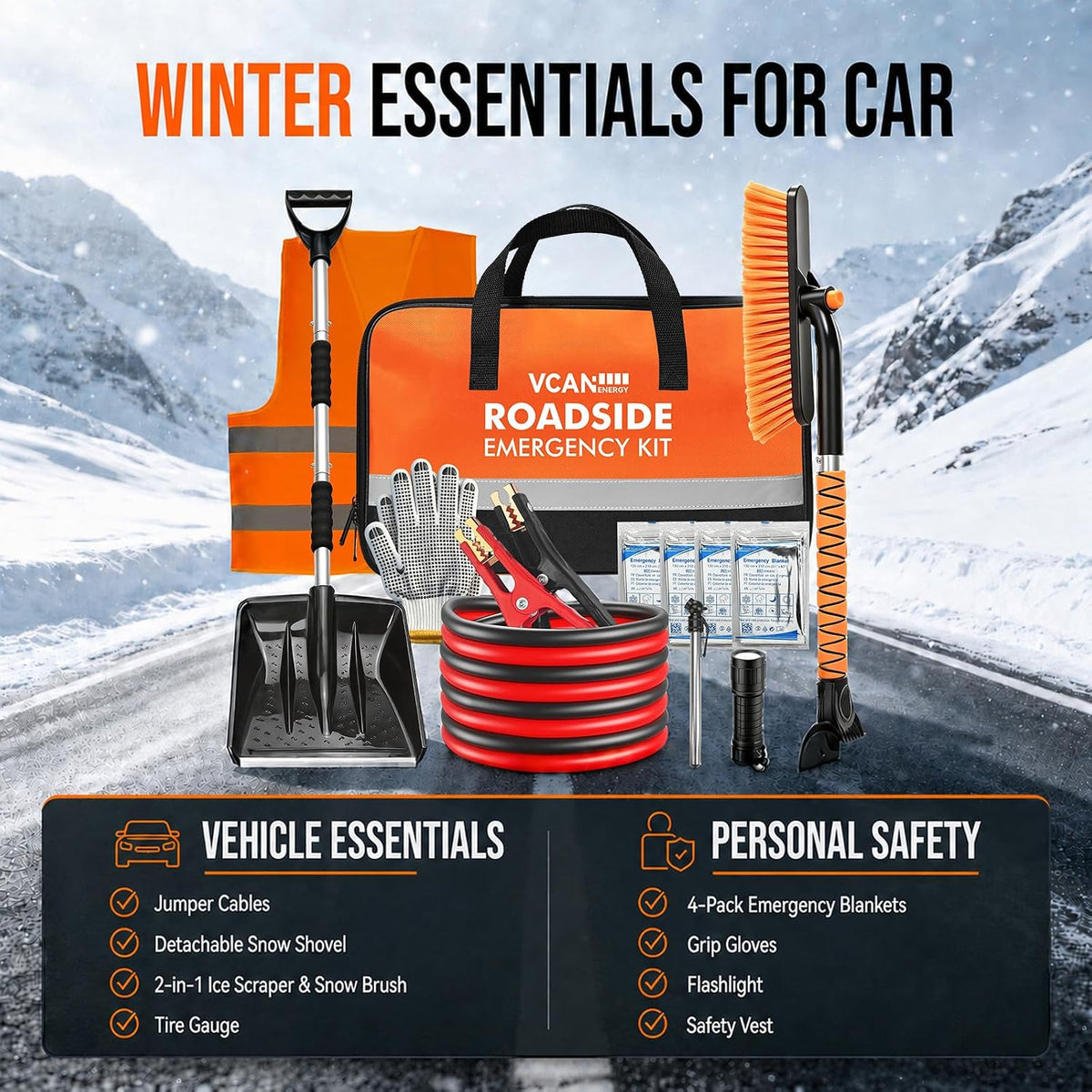 Winter Car Emergency Safety Kit Bag with Jumper Cables, Snow Shovel for Car
