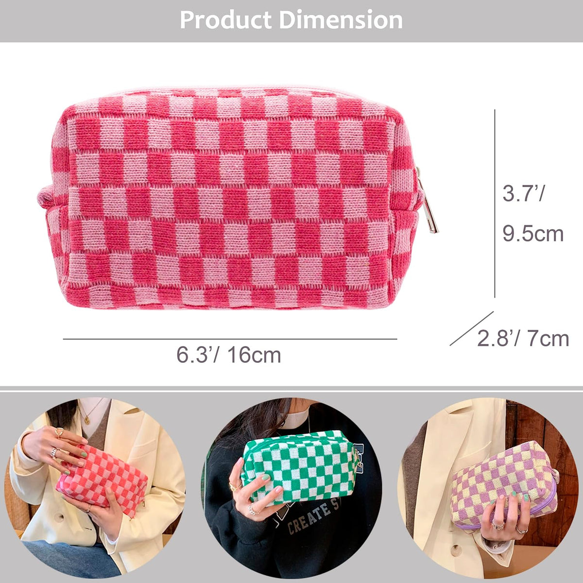 Checkered Makeup Bag for Purse, Small Travel Cosmetic Pouch,Hotpink,6 Pack